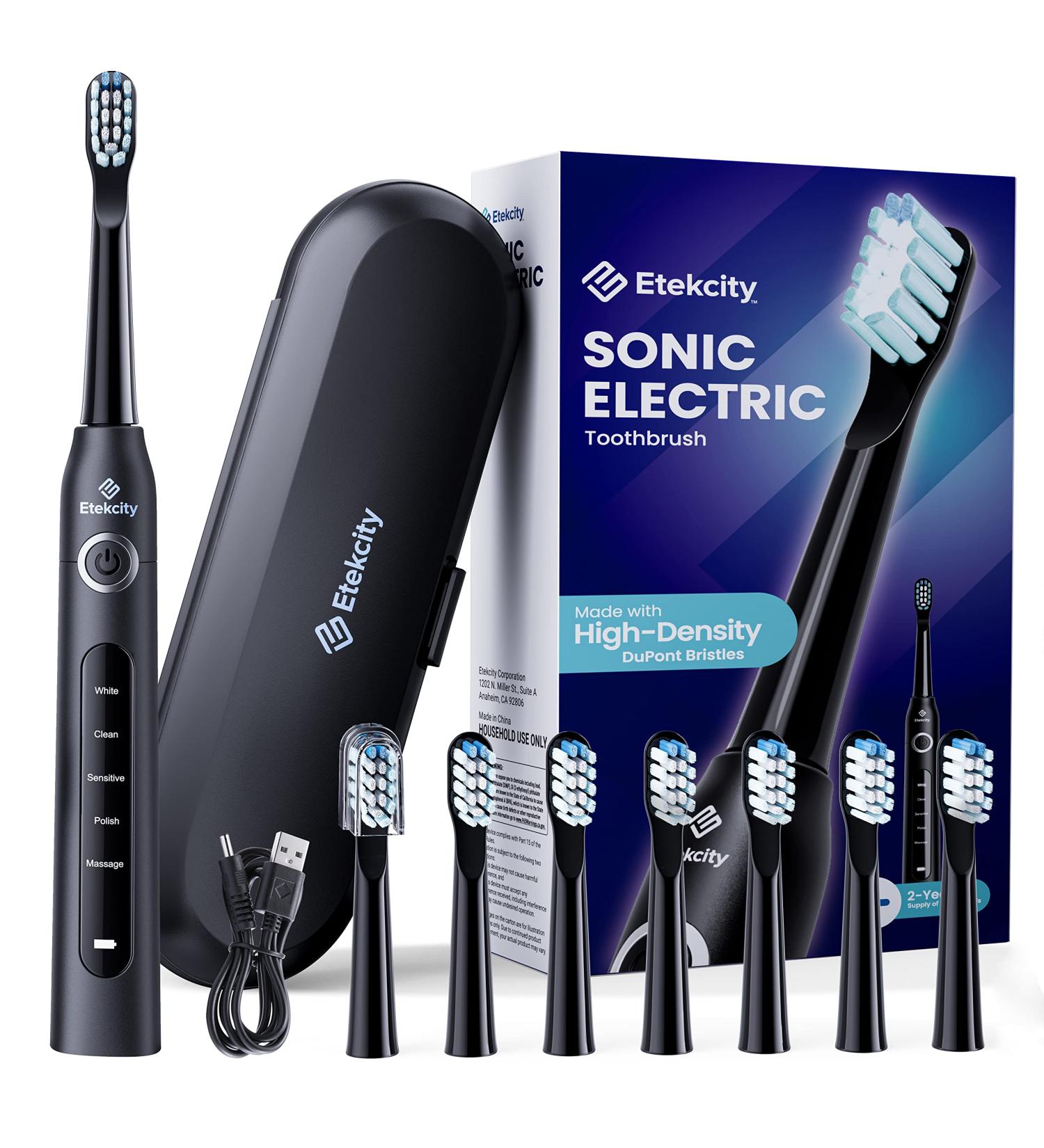 Etekcity Sonic Rechargeable Electric Toothbrush for Adults and Kids | 8 Soft Brush Heads, 5 Modes & Travel Case | Black - Buy Online on GoSupps.com