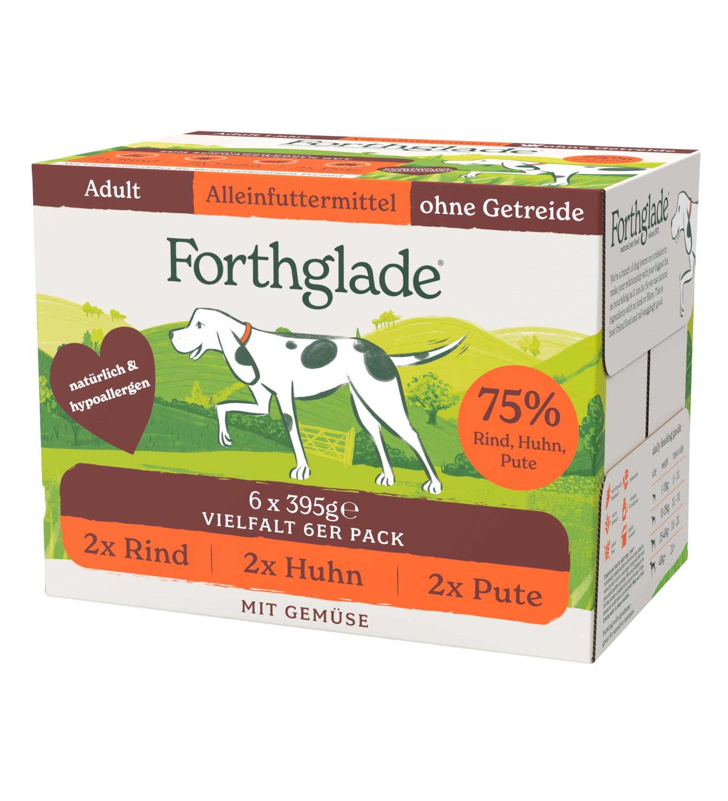Forthglade Wet Dog Food (Mixed Pack 6 x 395g) - Grain Free Food with Beef Turkey or Chicken and Vegetables for Adult Dogs 1 Year and Older - Hypoallergenic Food - Buy Online on GoSupps.com