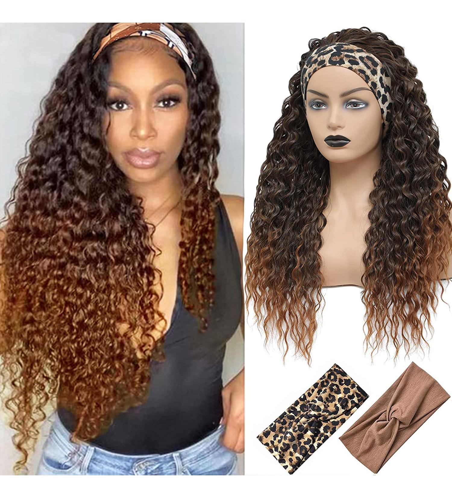 Ombre Brown Water Wave Headband Wig 26 Inch | Synthetic Glueless Half Wig with Headbands | 180% Density Curly Wigs for Black Women | Natural Daily Wear - T30-16 - Buy Online on GoSupps.com