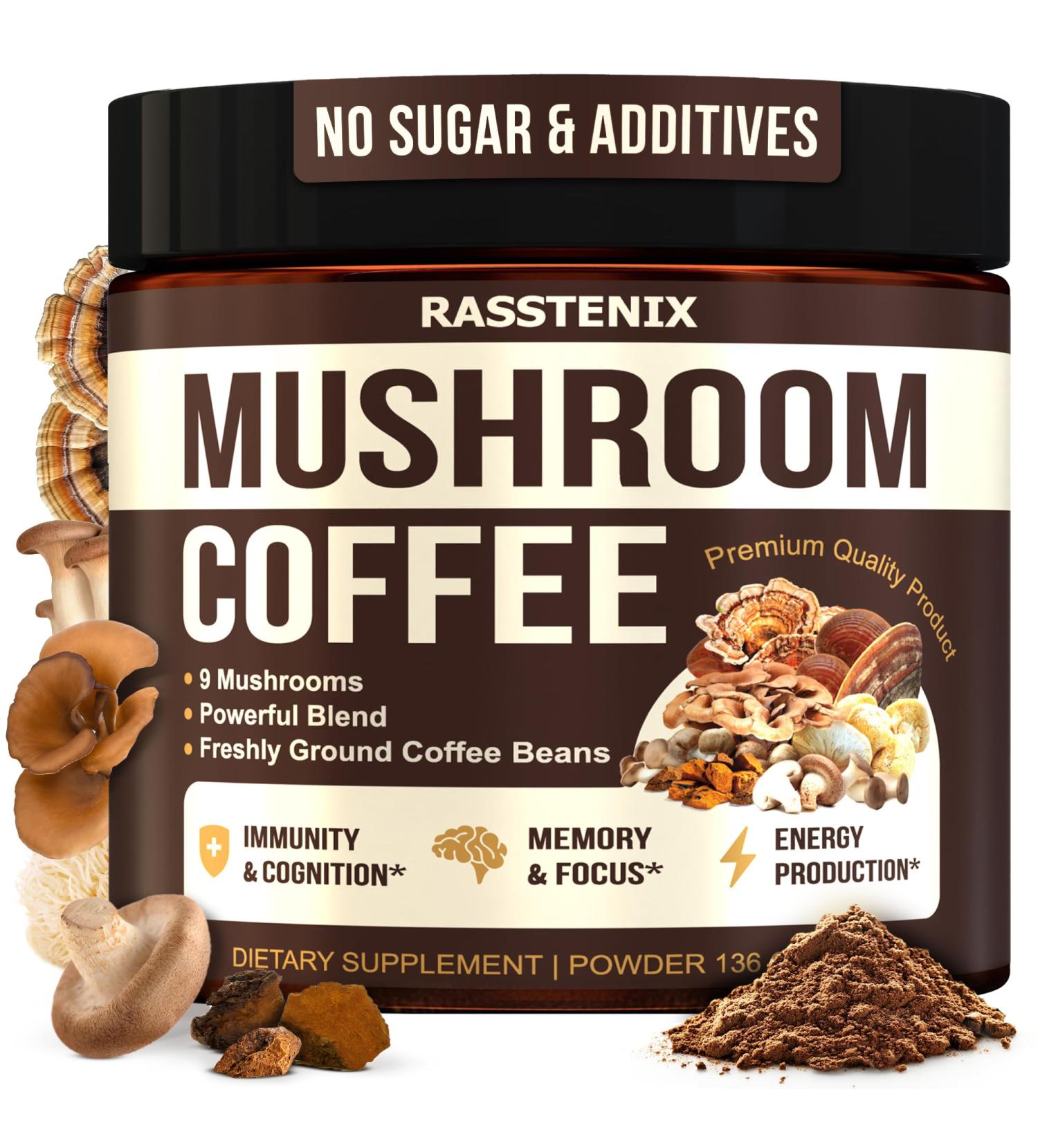 Mushroom Coffee Organic - 9 Mushroom Adaptogen Mix - Lion's Mane Chaga Turkey Tail Reishi Shiitake - Instant Mushrooms Coffee for Gut Health Energy Mental Clarity - 60 Servings 4.8 Ounce (Pack of 1) Mushroom Coffee - Buy Online on GoSupps.com