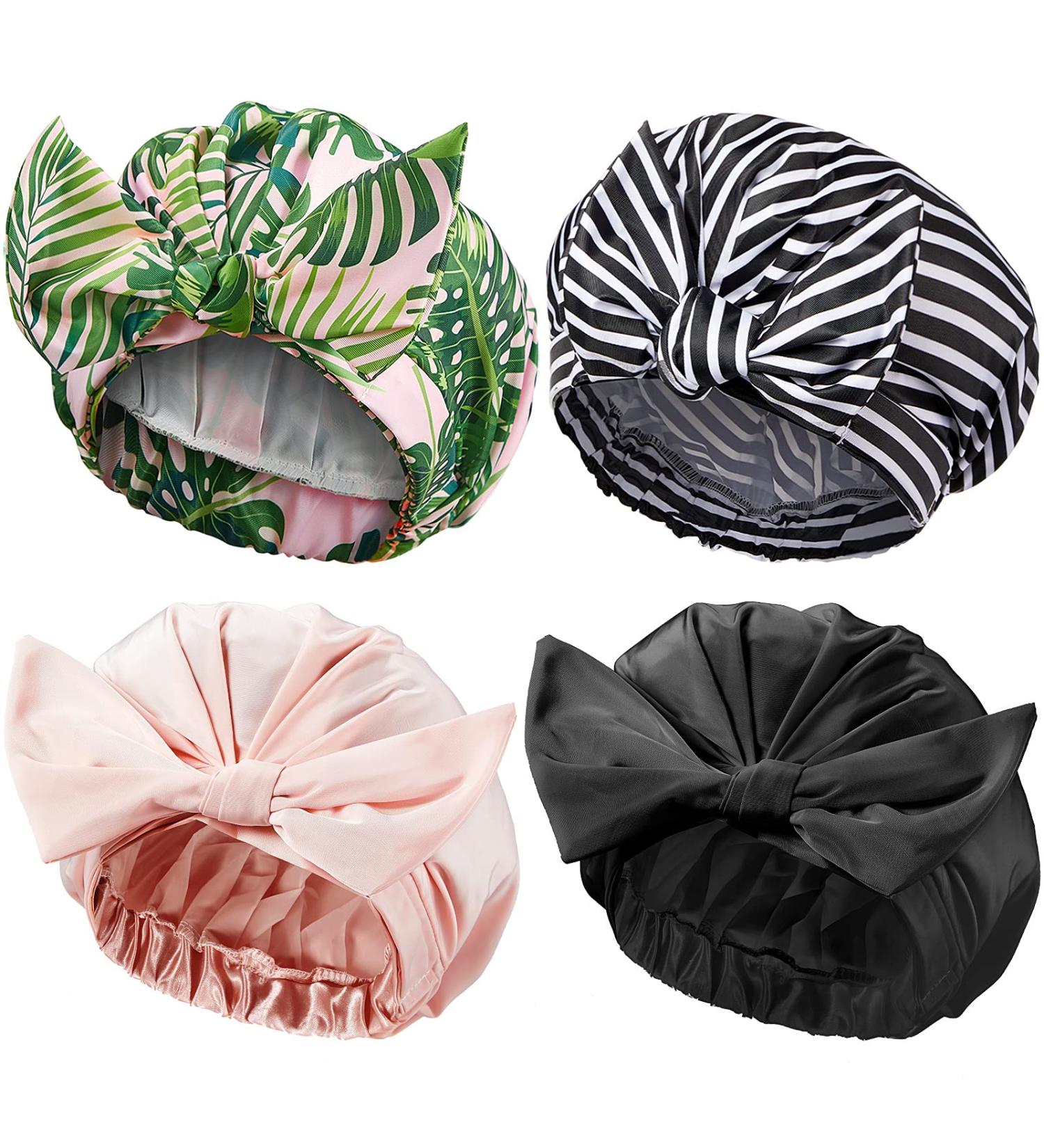Stripe Pattern Shower Caps for Women - Waterproof & Reusable, Elastic Hem Turban Bath Caps - 4 Pieces, Ideal for Long Short Curly Hair - Buy Online on GoSupps.com
