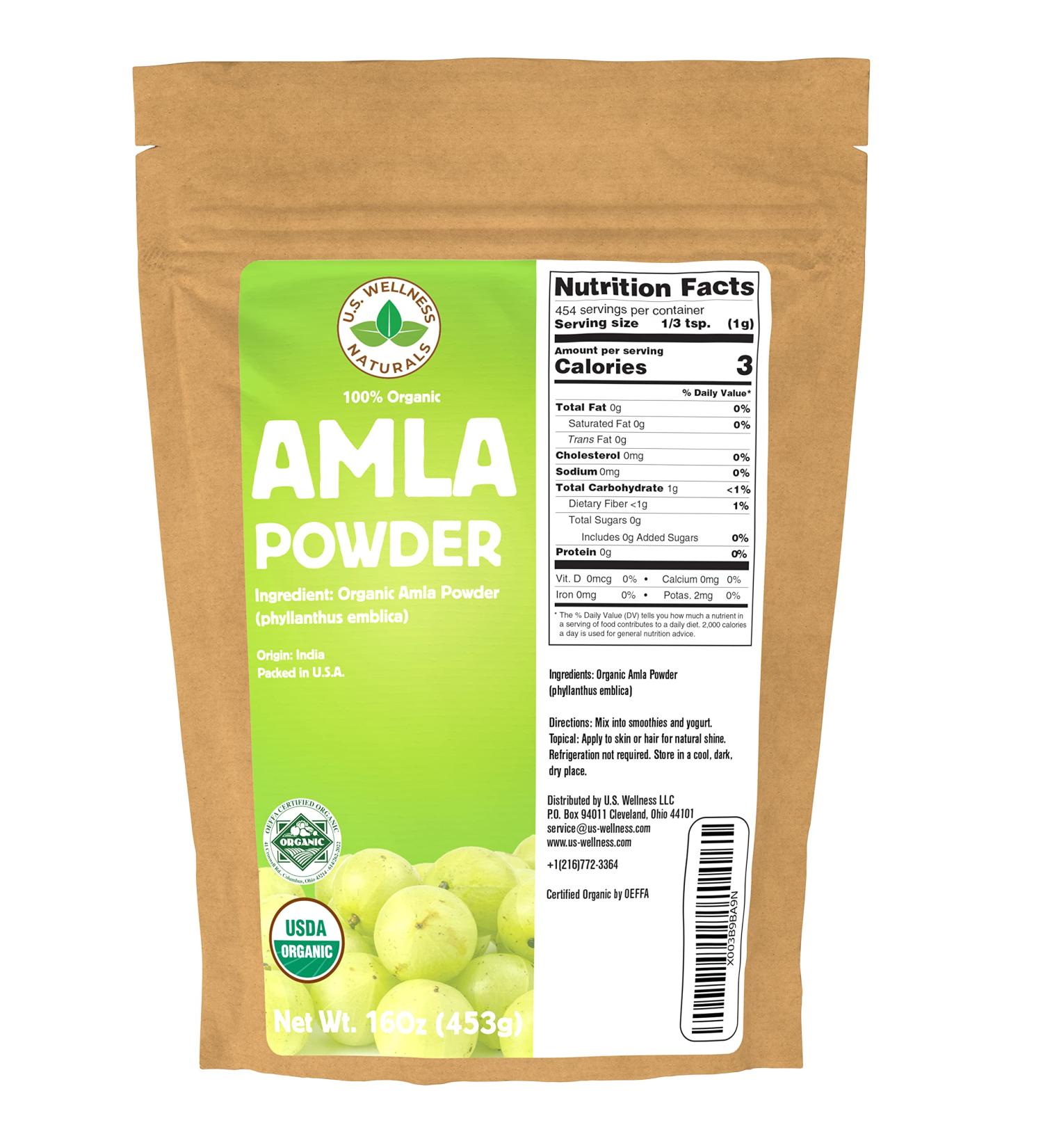 Organic Amla Powder (Amalaki) - 16oz Resealable Bag - Indian Gooseberry - Cooking, Smoothies, Tea - U.S. Wellness Naturals - Buy Online on GoSupps.com