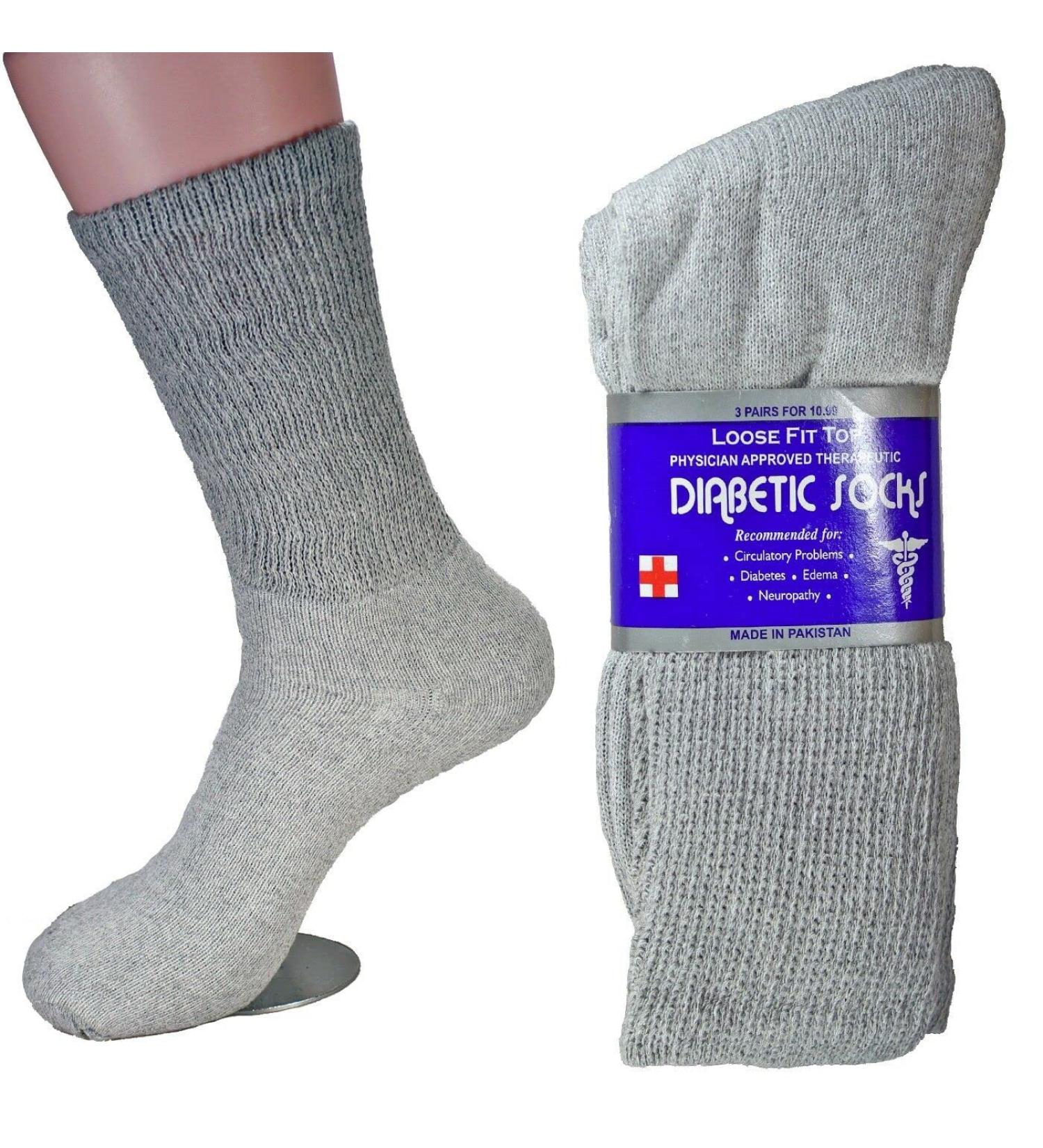 3 Pairs Diabetic Crew Socks Health Mens Circulatory Calf Cotton Size 10-13 Grey