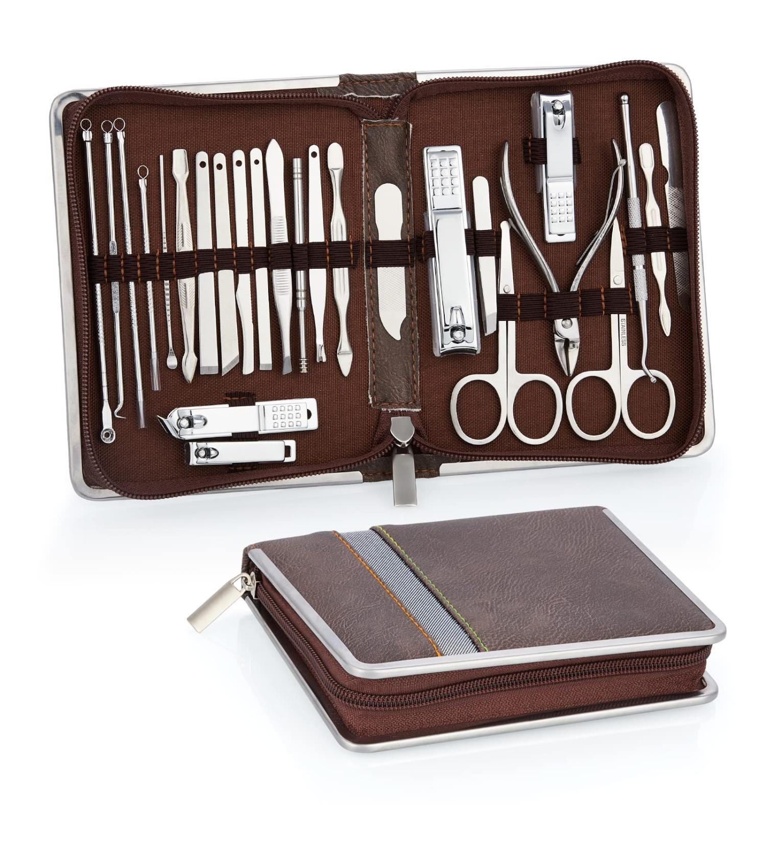 Coolzon 26-Part Professional Nail Clip Set | Stainless Steel Manicure & Pedicure Tools | Advanced Zip Pocket Design - Brown - Buy Online on GoSupps.com