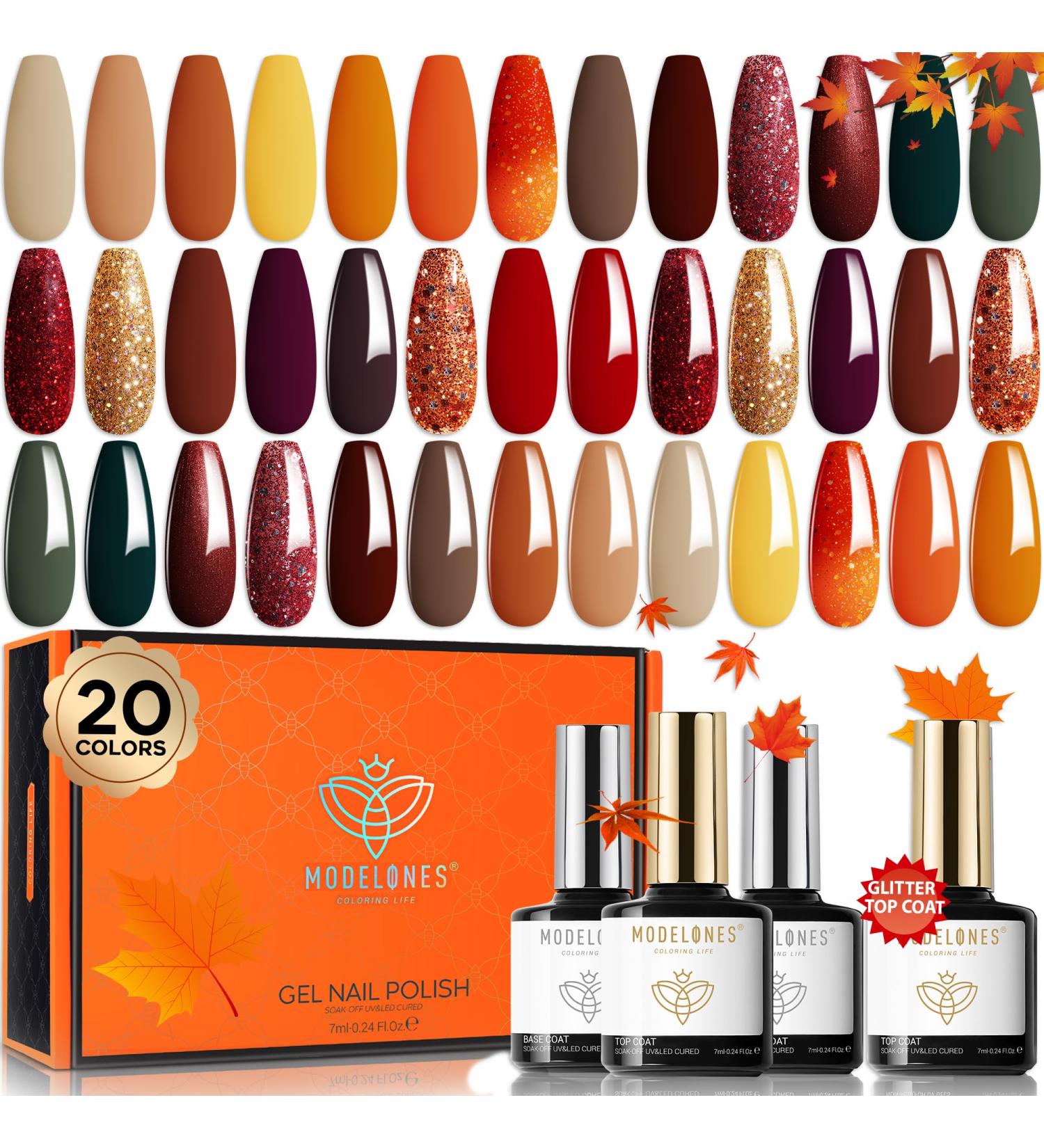 Modelones 20 Colors Gel Nail Polish Kit - Fall Winter Soak Off Set with Glitter Glossy & Matte Top Coats for DIY Manicure at Home A-1 Cozy Campfire - Buy Online on GoSupps.com