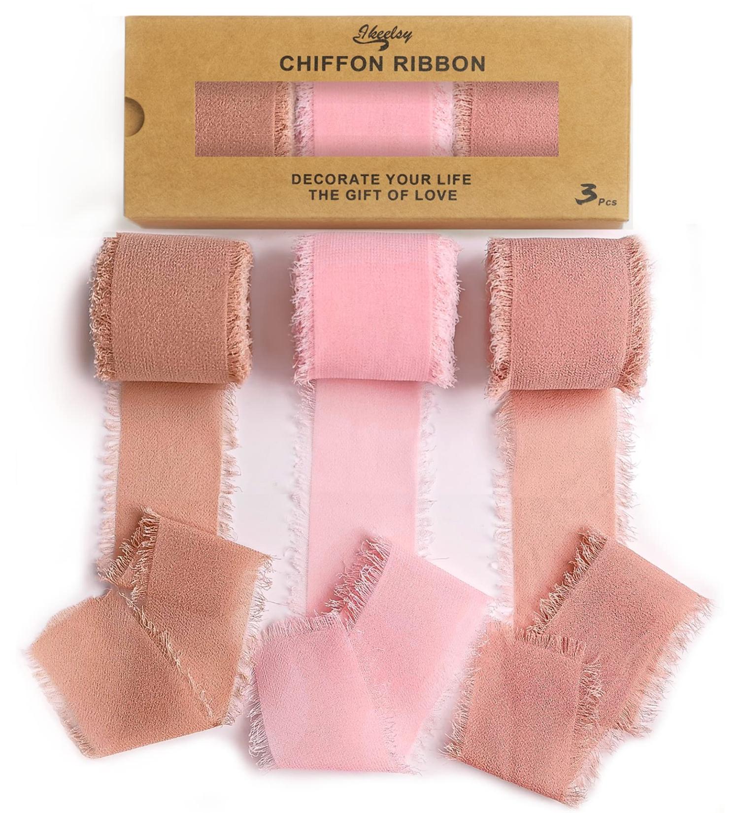 Dusty Rose Chiffon Ribbon Fringe Fabric 3 Rolls Set - 1.5 x 7 Yd - Wedding Decor, Gift Wrapping, Bridal Bouquets - Triple Pink - Buy Online on GoSupps.com