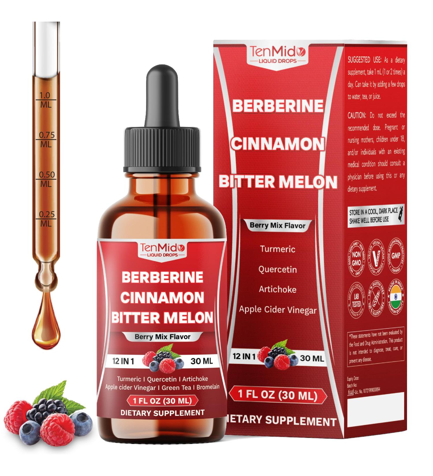 Tenmido 12in1 Berberine Supplement - Berberine Liquid Drops with Ceylon Cinnamon Bitter Melon Turmeric Quercetin Artichoke Apple Cider Vinegar Green Tea & More - 30 Days Supply - 1FL Oz - Buy Online on GoSupps.com