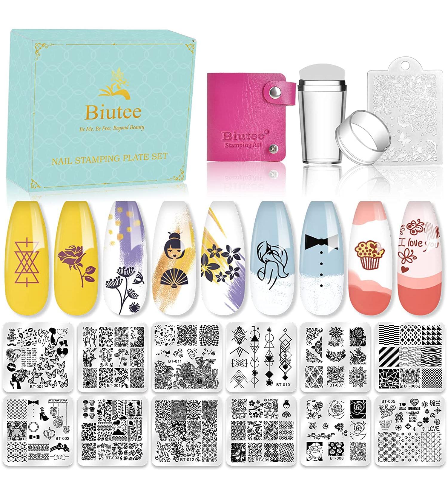 Biutee Nail Stamping Set - 12 Plates, 1 Stamper & Scraper, Gift Box Included | French Tip & Floral Patterns - Buy Online on GoSupps.com