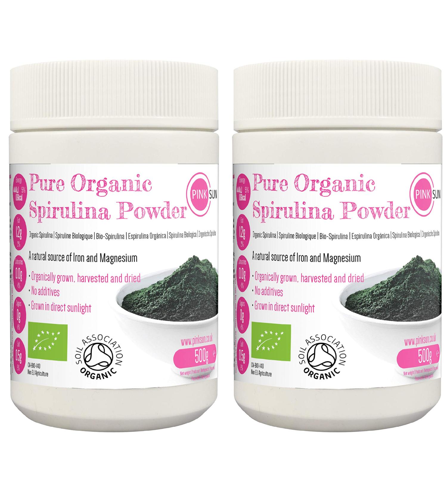 PINK SUN Organic Spirulina Powder 1kg (500g x 2) - Gluten Free, Non GMO, Certified Organic for Vegetarians/Vegans - Soil Association Approved, Bulk Size - Buy Online on GoSupps.com