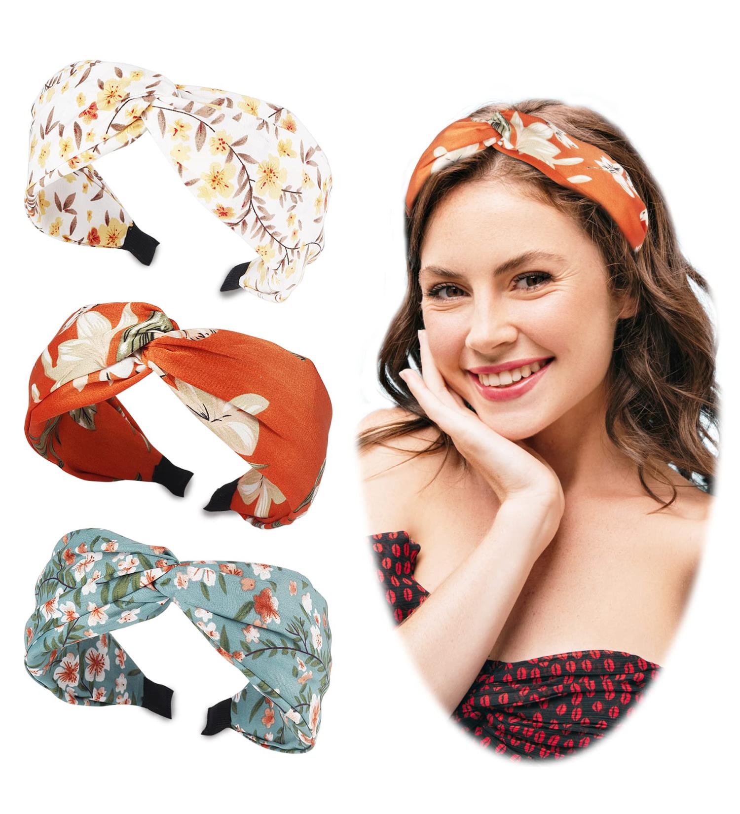 Beauty.H.C 3PCS Floral Knotted Headband Set for Women and Girls | Boho Chiffon Hairbands with Elastic No-Slip Design - Buy Online on GoSupps.com