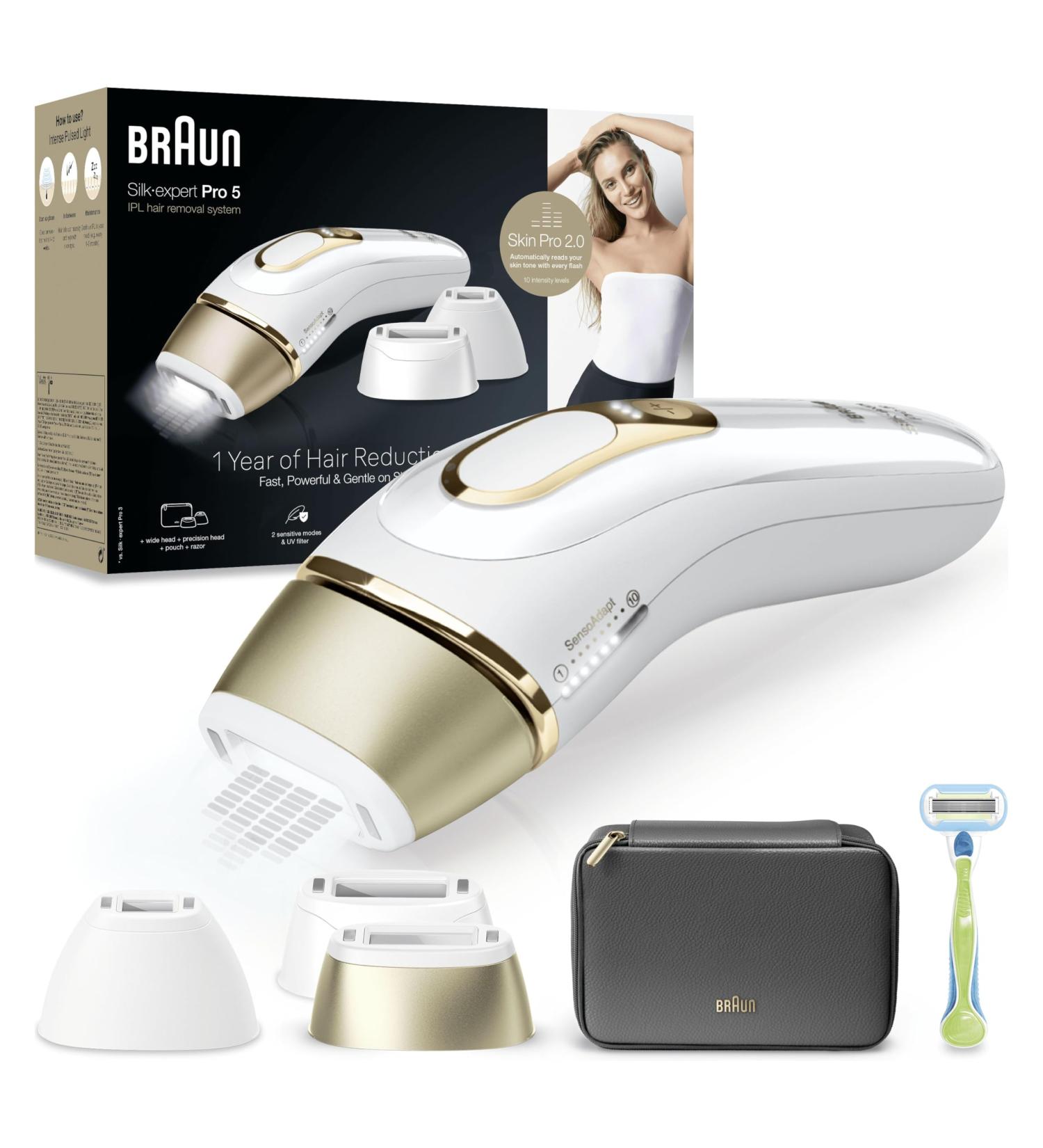 Braun IPL Silk-Expert Pro 5 PL5242 Hair Removal Device - Home Laser Alternative White/Gold Includes Case & Venus Shaving System 3 Heads - Perfect Gift for Women - Buy Online on GoSupps.com