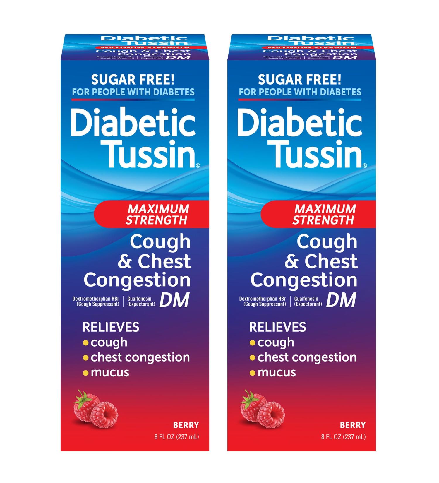 Diabetic Tussin DM Maximum Strength Cough Medicine with Chest Congestion Relief - 8 Fl oz - Liquid Cough Syrup, Safe for Diabetics, Berry Flavored (Pack of 2) 8 Fl Oz (Pack of 2) - Buy Online on GoSupps.com