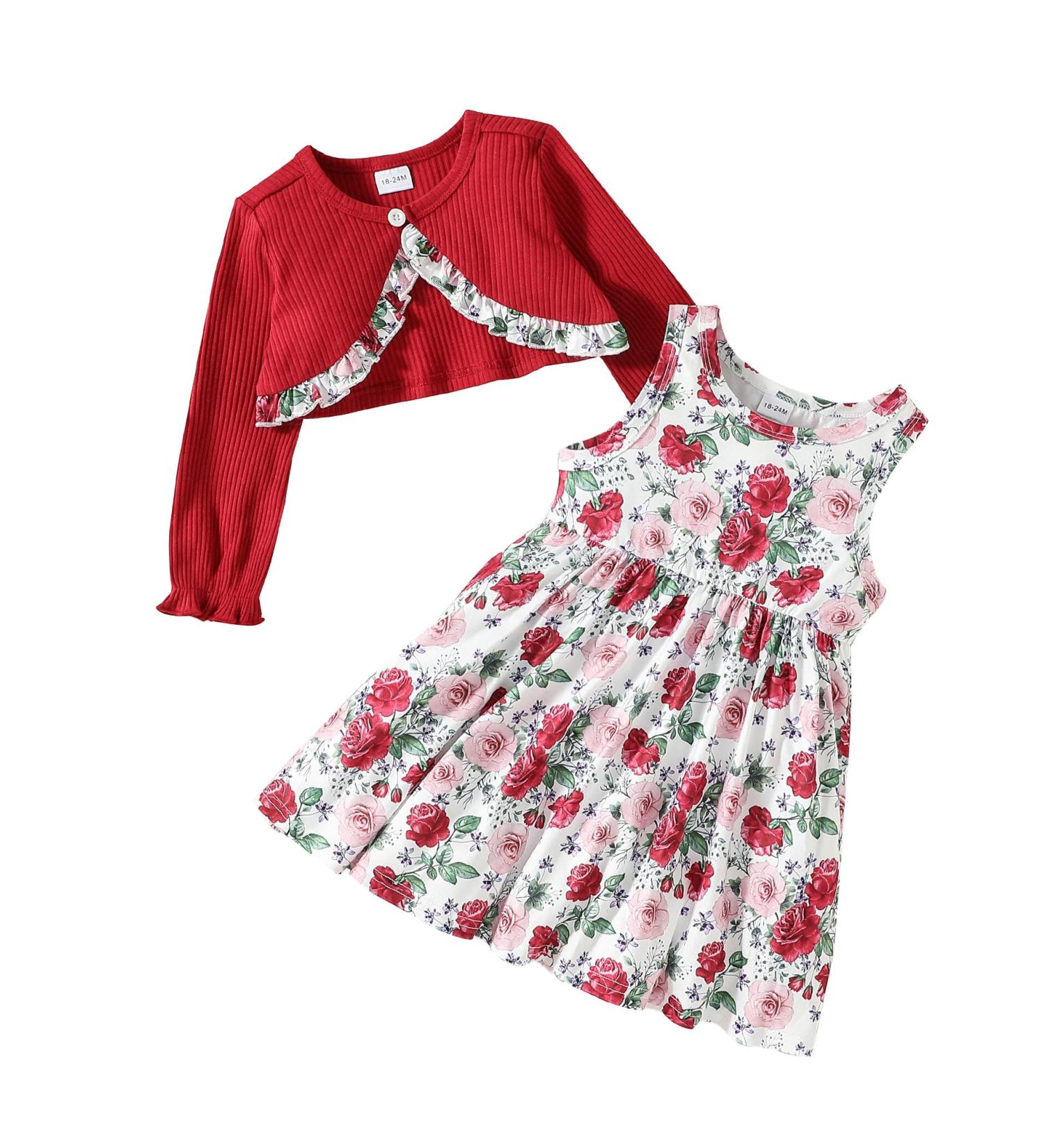 Puseky Toddler Girl Floral Sleeveless Dress with Ribbed Cardigan Coat Set - 18-24 Months (Wine Red) - Buy Online on GoSupps.com
