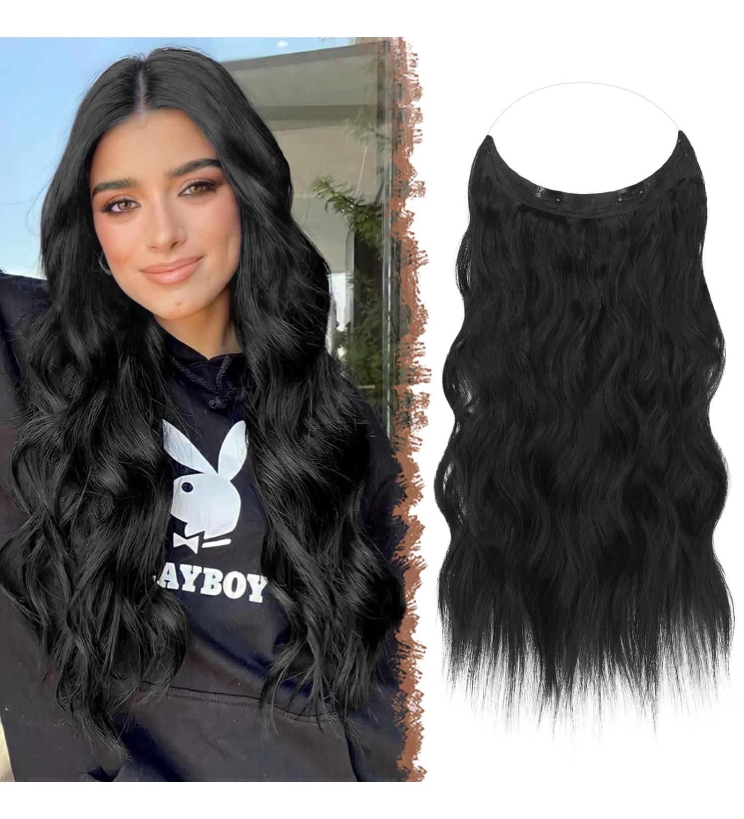 FESHFEN Invisible Wire Black Hair Extensions 16 Inch - Adjustable Size with 2 Secure Clips - Long Wavy Synthetic Hair Piece for Women - Buy Online on GoSupps.com