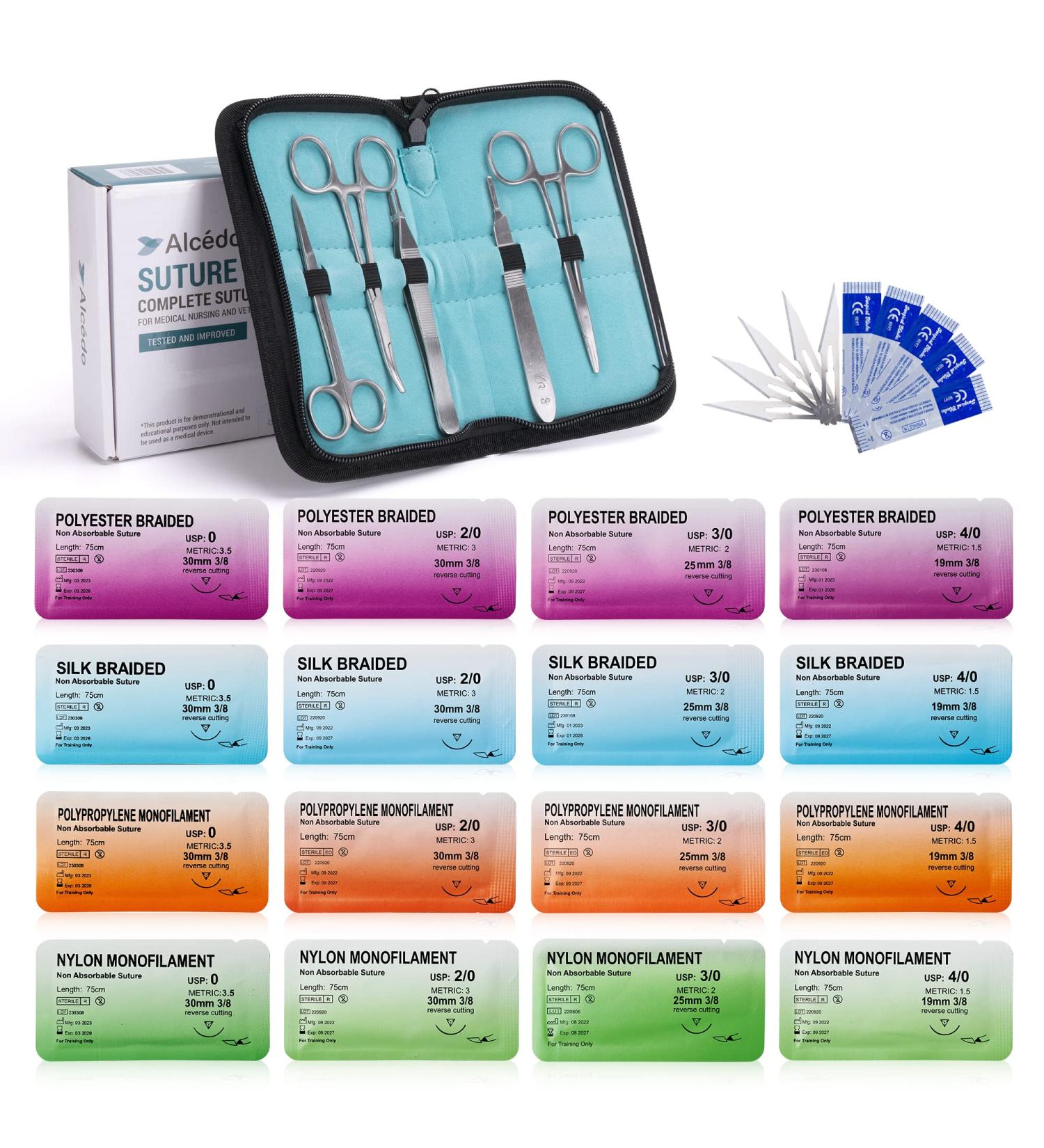 Alcedo Sterile Sutures Kit - 16 Mixed Thread & Needle Sizes with Tools - First Aid Emergency Supplies - 12 Instruments Included (28 Pieces) - Buy Online on GoSupps.com