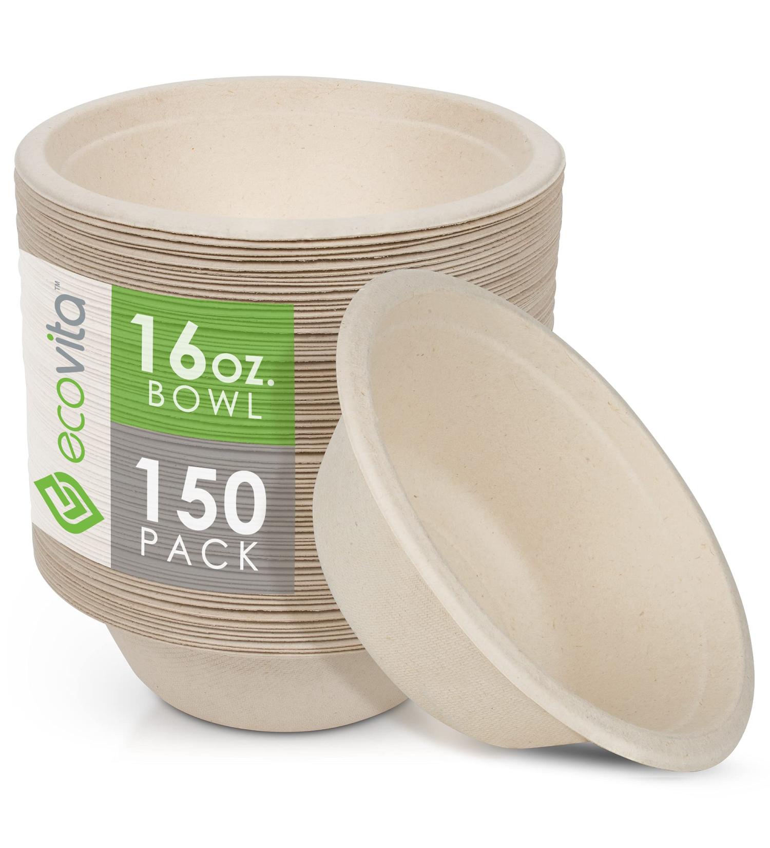 Ecovita 16 oz 100% Compostable Paper Bowls - Pack of 150 | Eco-Friendly & Sturdy Disposable Bowls - Tree Free, Liquid & Heat Resistant - Buy Online on GoSupps.com