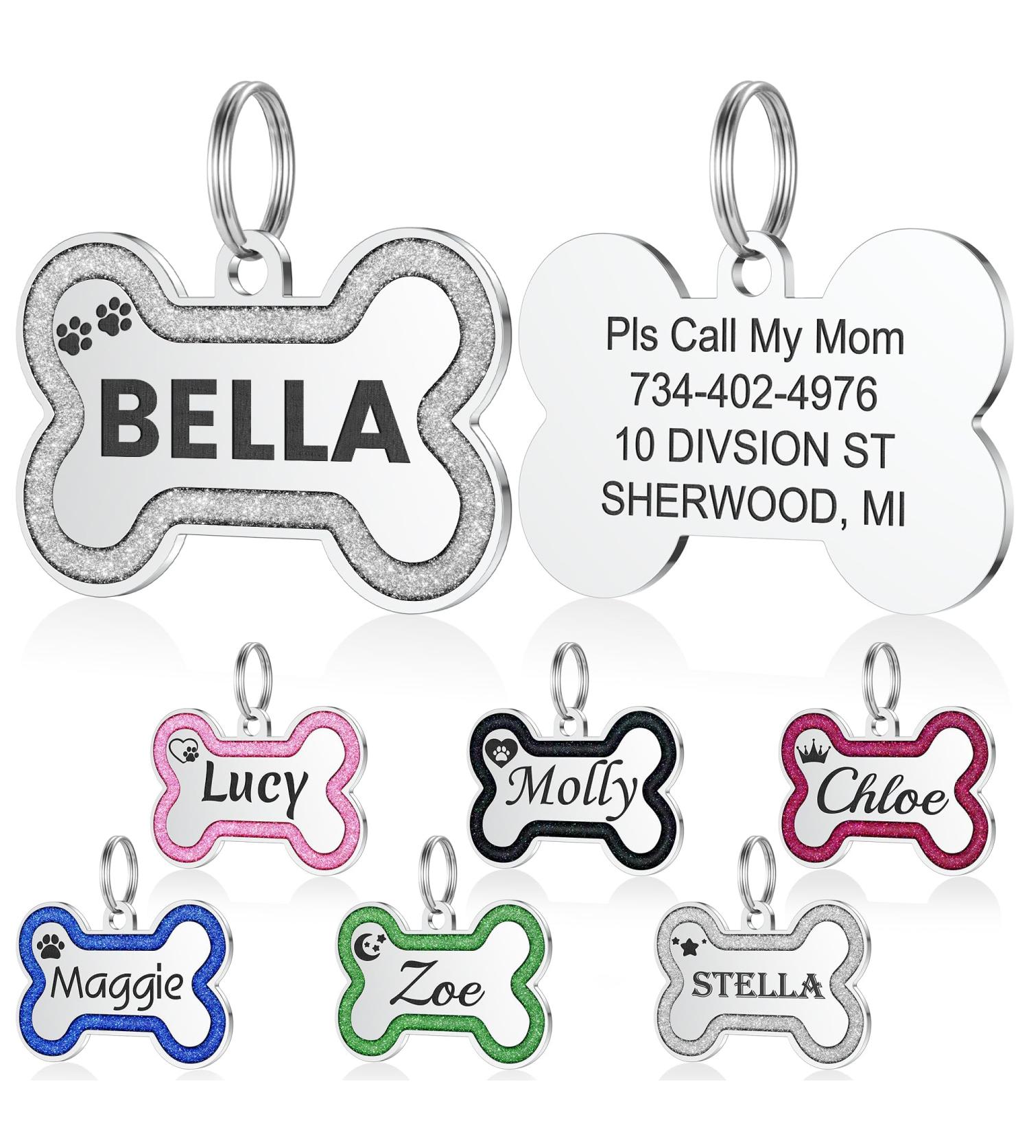 Yhananti Personalized Dog Tag - Engraved Stainless Steel Pendant for Small & Medium Dogs - Custom Name Phone Address - Glitter Bones - Gray Small - Buy Online on GoSupps.com