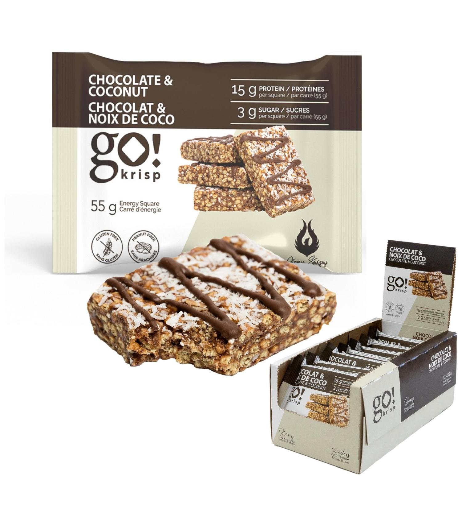 GoKrisp Energy Square by Jimmy Sevigny 15 gr Protein Pastry Tasty Chocolate and Coconut High Protein Snacks Nut & Peanut Free Gluten Free (12-Pack) Chocolate & Coconut - Buy Online on GoSupps.com