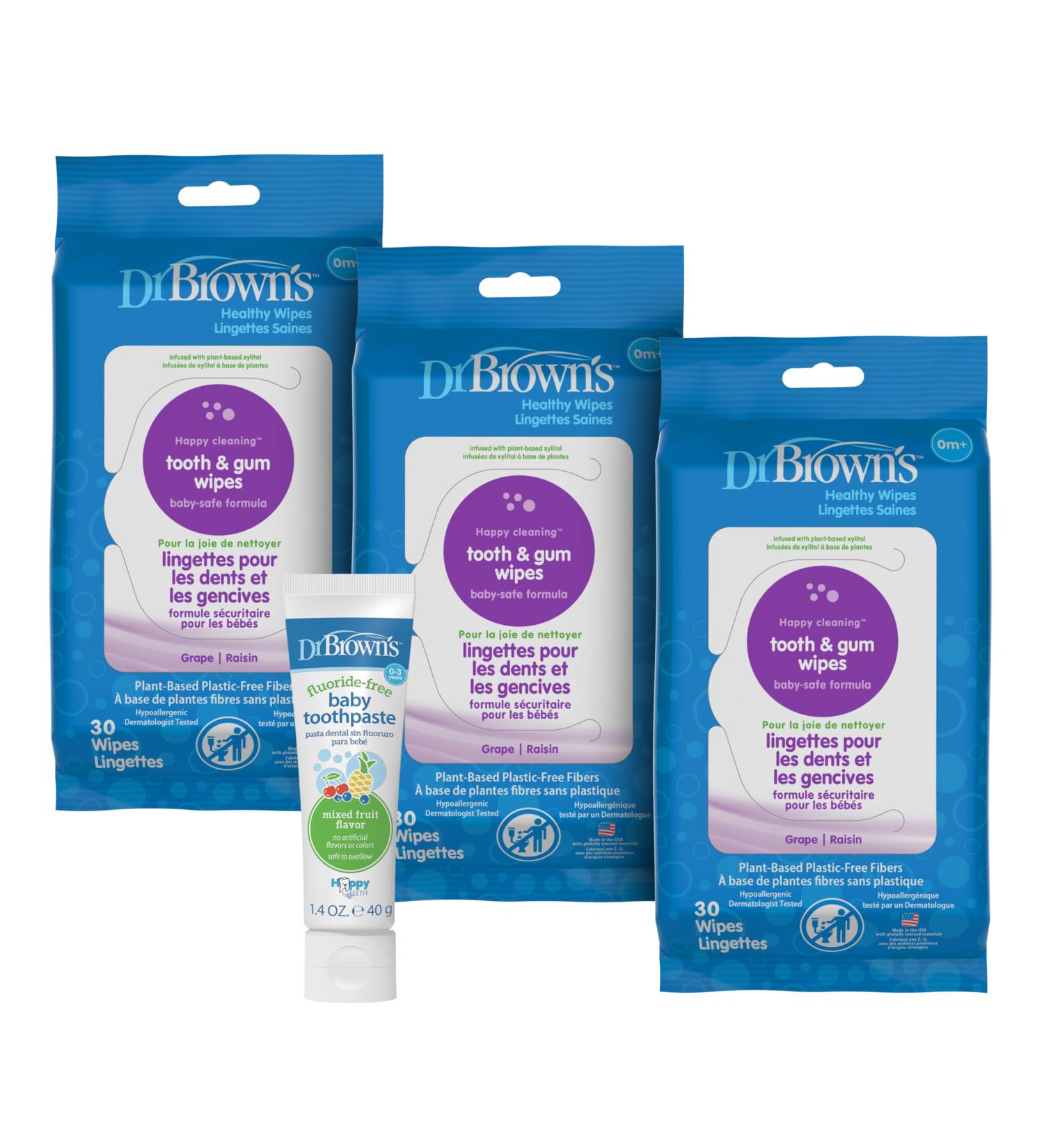 Dr. Brown's Tooth and Gum Wipes 30 Count 3-Pack and Fluoride-Free Baby Toothpaste Infant and Toddler Oral Care Mixed Fruit 1-Pack 1.4oz/40g 0-3 years