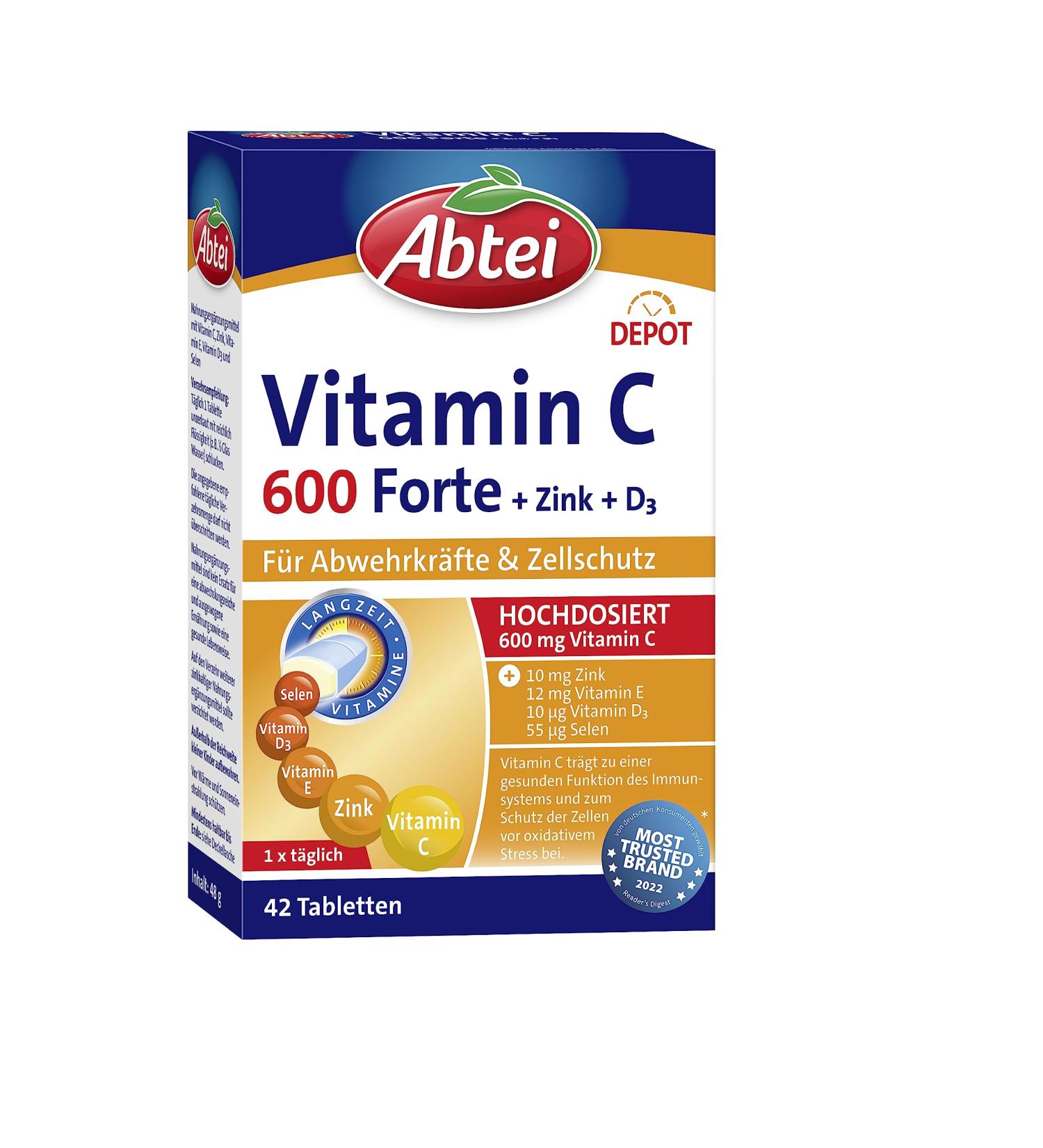 Abbey Vitamin C 600 Forte with Zinc & Vitamin D3 - High Dose Immune Support Gluten-Free Lactose-Free - 42 Tablets - Buy Online on GoSupps.com