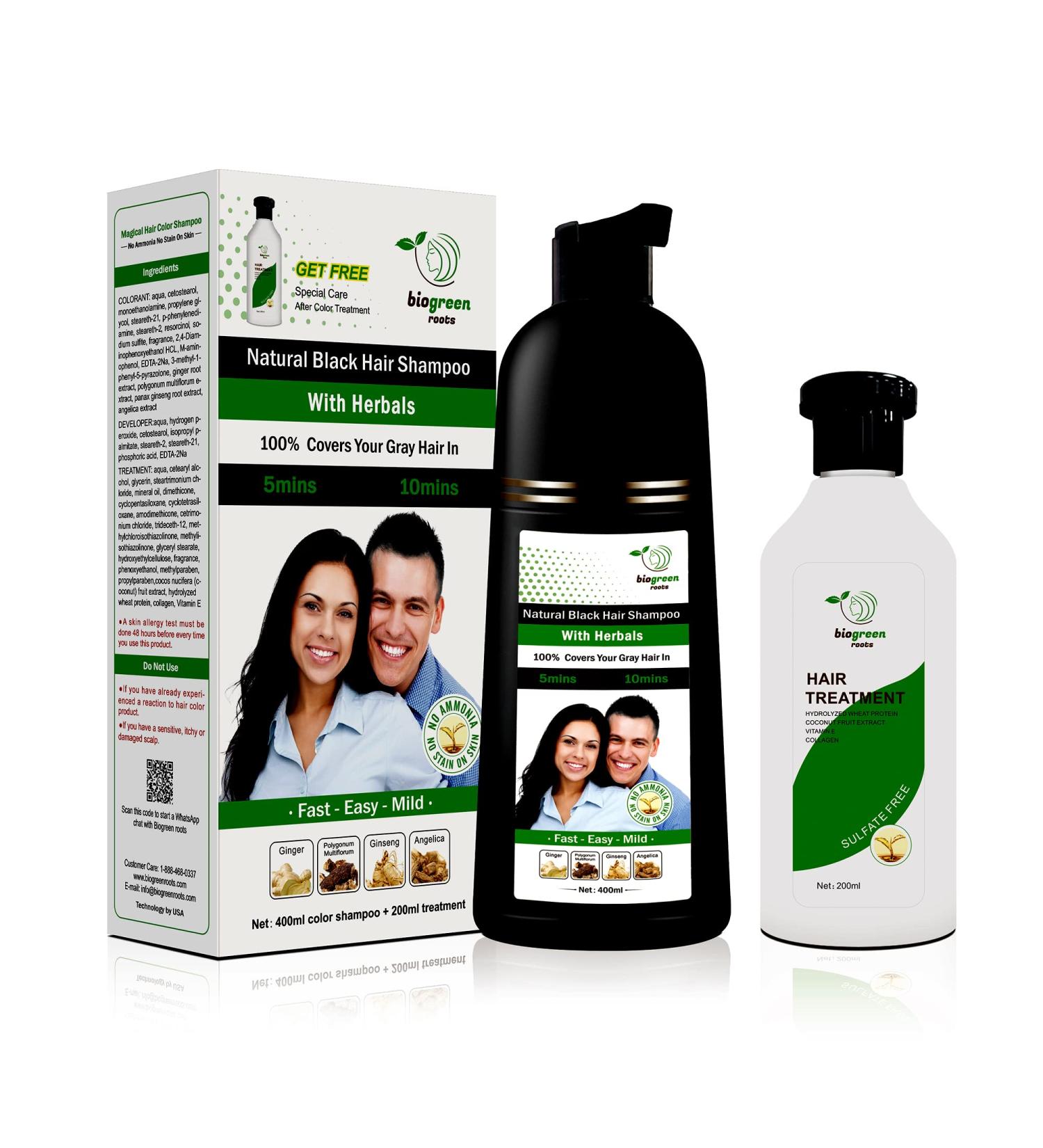 BIOGREEN ROOTS 400ml Natural Black Hair Color Shampoo & Hair Treatment - Covers Gray Hair in 10 Minutes - Hair Coloring Shampoo for Women & Men - 13.53 Fl Oz - Buy Online on GoSupps.com