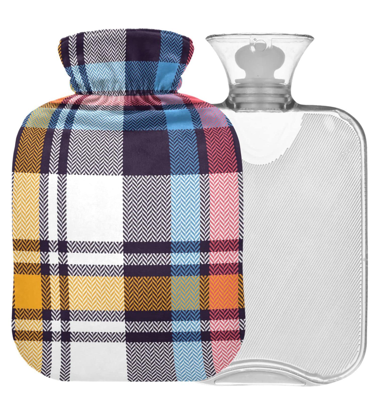NAANLE 1L Hot Water Bottle with Cover | Blue Pink Tartan Plaid - Back Pain Relief Hand/Foot Warmer and Neck Comfort - Ideal for Heat & Cold Therapy - Buy Online on GoSupps.com