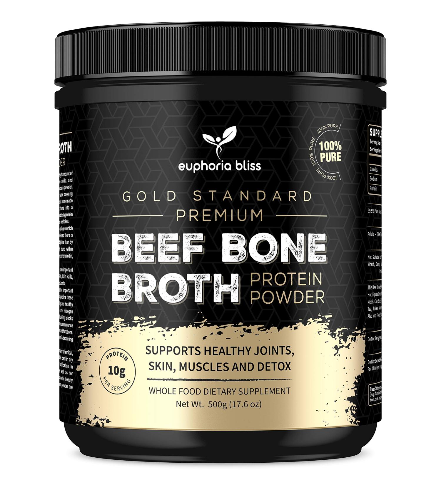 Euphoria Bliss Bone Broth Powder 500g - Grass Fed, Hormone-free, Unflavoured High Grade Beef Bone Broth | Kosher & Halal Certified - Buy Online on GoSupps.com