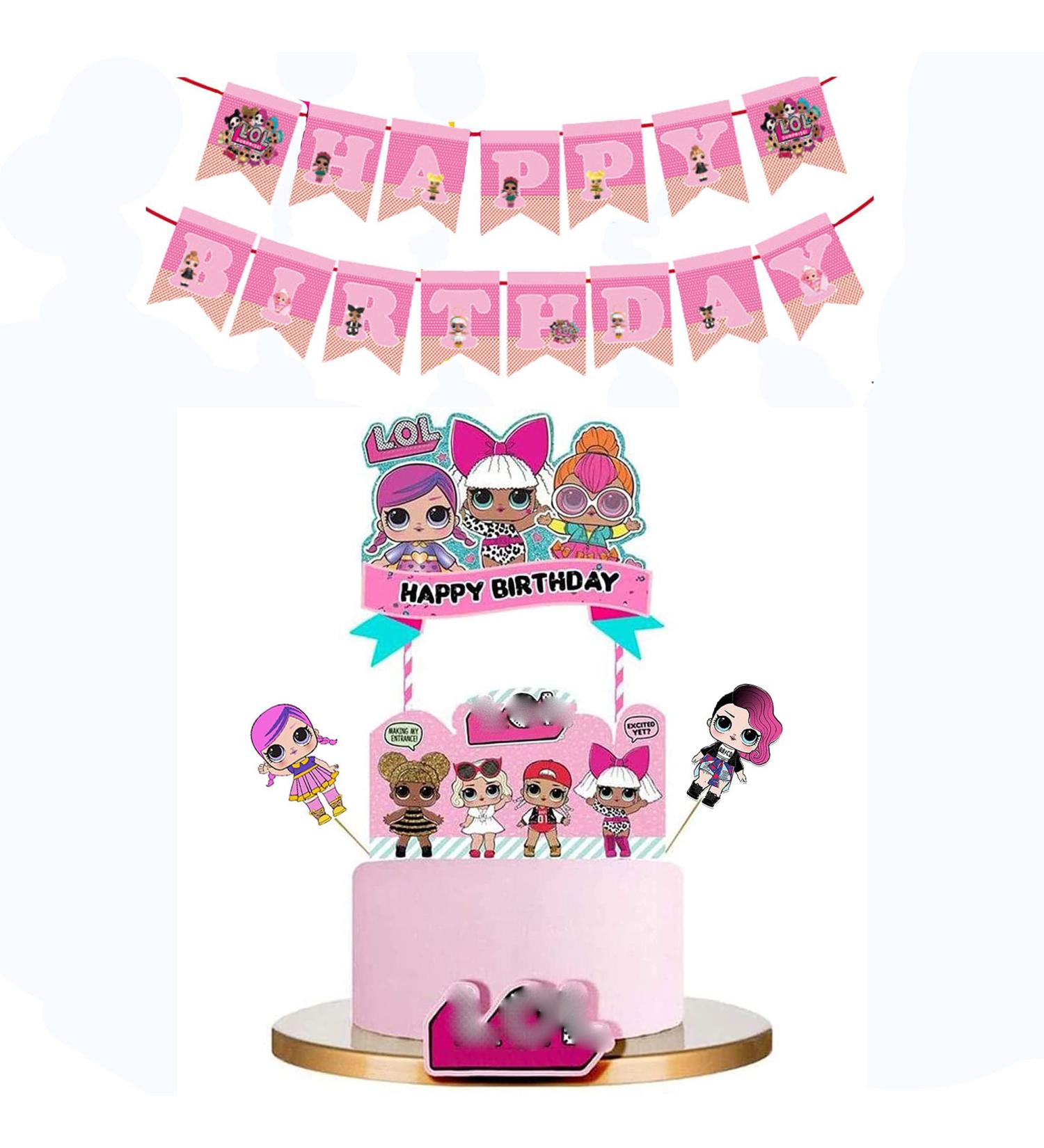 LOL Cake Toppers 5Pcs LOL Cake Topper with 2 PCS Banner Happy Birthday Party Supplies LOL Cupcake Picks LOL Pink Cake Decorations Banner for Girls Kids Adults - Buy Online on GoSupps.com
