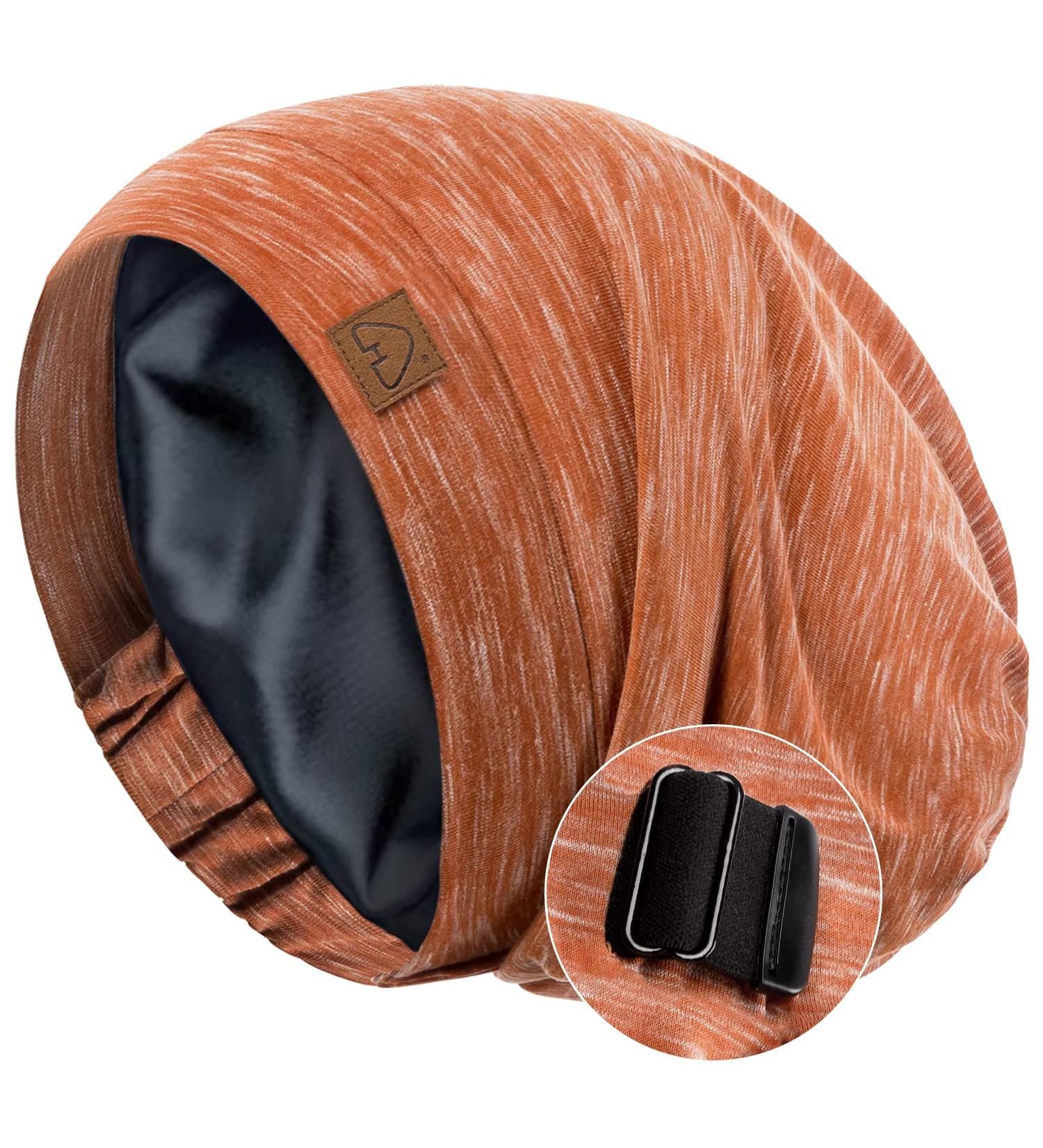 Silk Satin Sleep Cap Bonnet for Natural Curly Hair - Heather Orange | Adjustable Night Cap for Sleeping - Silk Lined Beanie Hat - Buy Online on GoSupps.com
