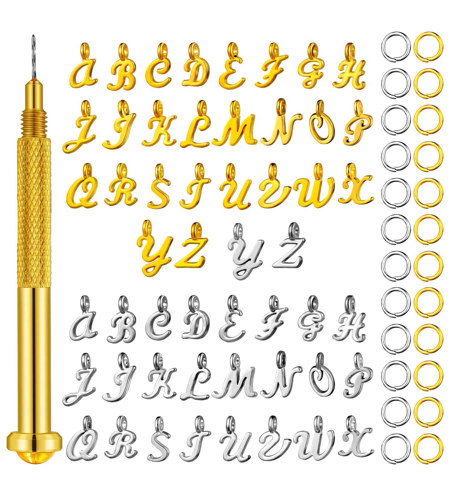 305 Pcs Dangle Nail Piercing Charms ABC Letter Set - Alphabet Initial Pendant Nail Jewelry Rings with Nail Piercing Tool in Silver & Gold - Buy Online on GoSupps.com