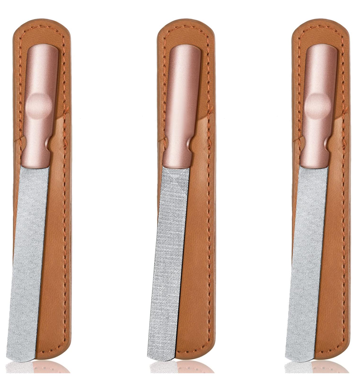 3-Piece Stainless Steel Nail Files Set with Leather Case - Rose Gold Handle Brown - Buy Online on GoSupps.com