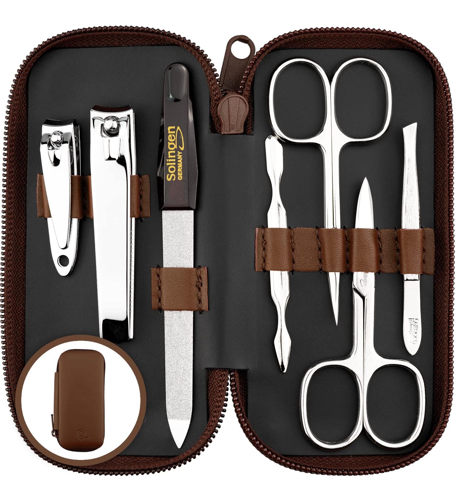 marQus Solingen Germany 7 Pcs Manicure Set - Quality Grooming Kit for Women & Men - Nail Clippers, Tweezers, Fabulous Gift - Brown - Buy Online on GoSupps.com