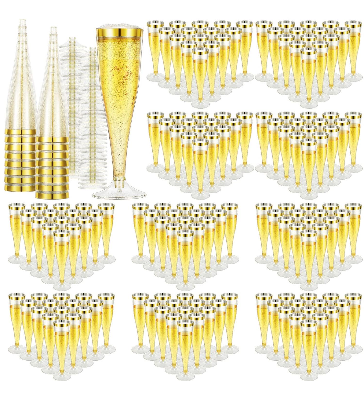 CHENGU 150 Pcs 5oz Gold Glitter Plastic Champagne Flutes - Disposable Wedding Party Glasses - Buy Online on GoSupps.com