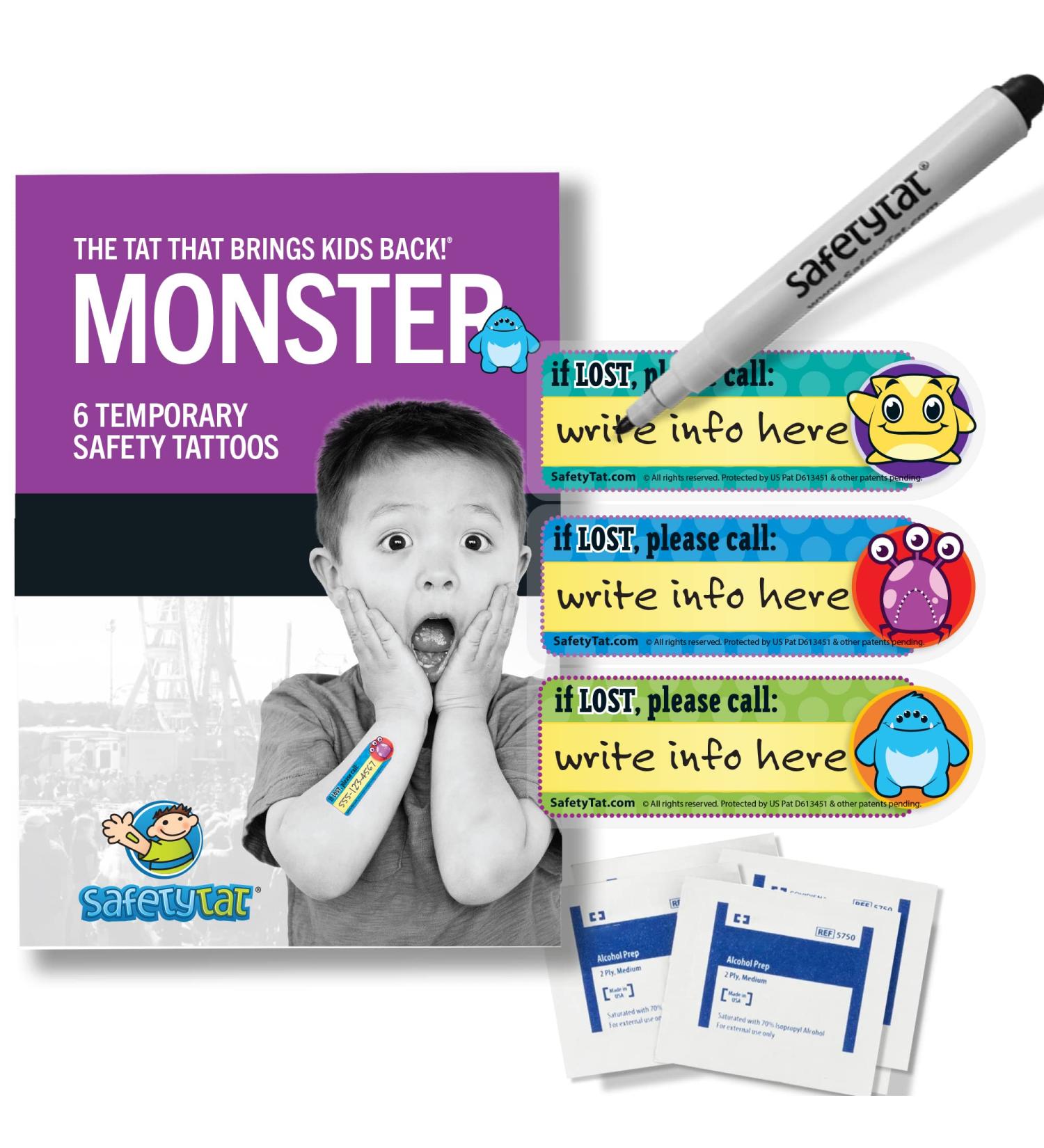 Monster 6pk SafetyTat Child ID Tattoos with Skin Prep Wipes & Tattoo Pen - Buy Online on GoSupps.com