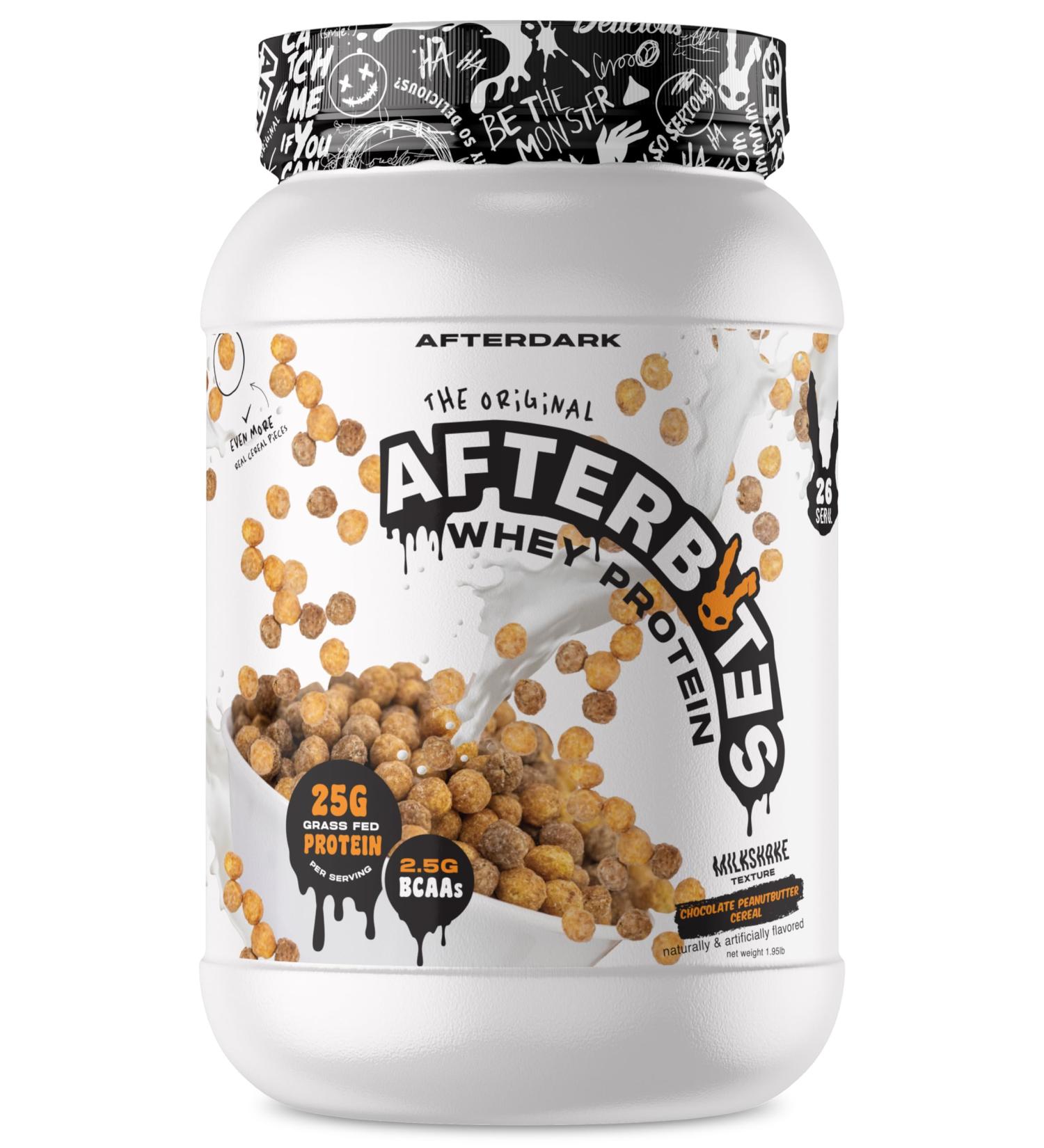 AFTERDARK AfterBites Whey Protein Powder 25g Protein 4.5g BCAA s Easy Dissolving No Artificial Colors or Fillers Isolate Protein USA Made 26 Servings Chocolate Peanut Butter Cereal Chocolate PB Cereal - Buy Online on GoSupps.com