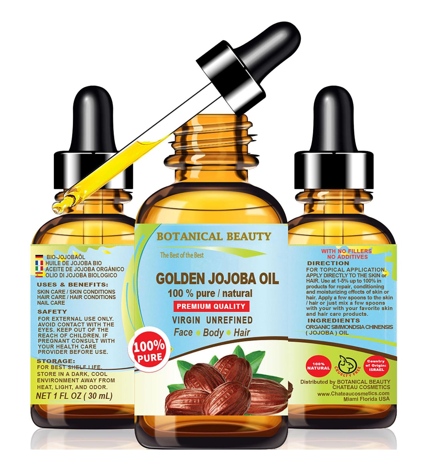 Botanical Beauty Golden Jojoba Oil 100% Pure - Nourish Face Hair Skin & Body - 1 Fl. oz (30 ml) - International Shipping Available - Buy Online on GoSupps.com