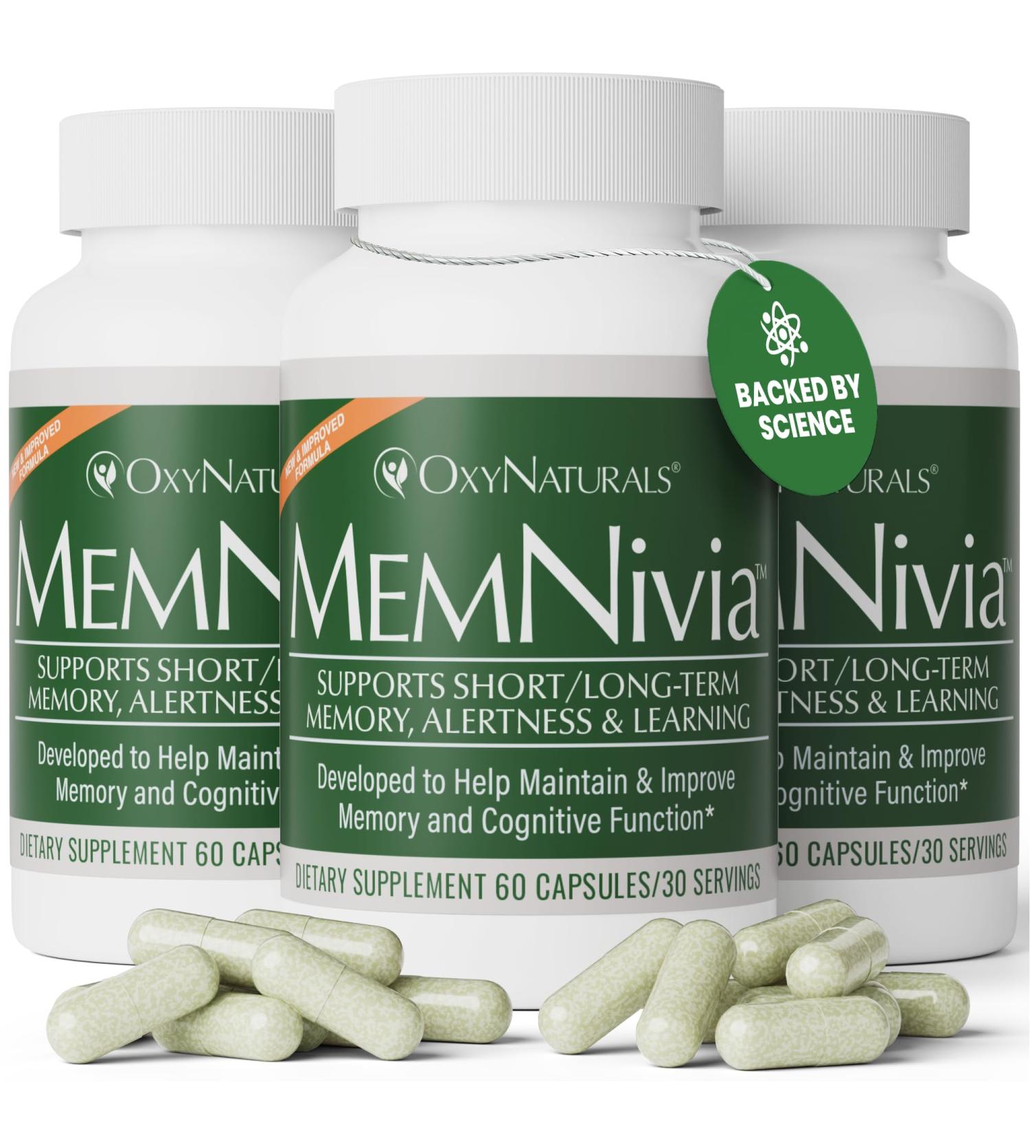 MemNivia Brain Supplements for Memory & Focus | Dual-Sage Stem Cell Formula with Cognivia Bacopa Holy Basil & Ginger | Clinically Proven Mental Clarity Support | 180 Capsules (3 Bottles) | USA Made 60 Count (Pack of 3) - Buy Online on GoSupps.com