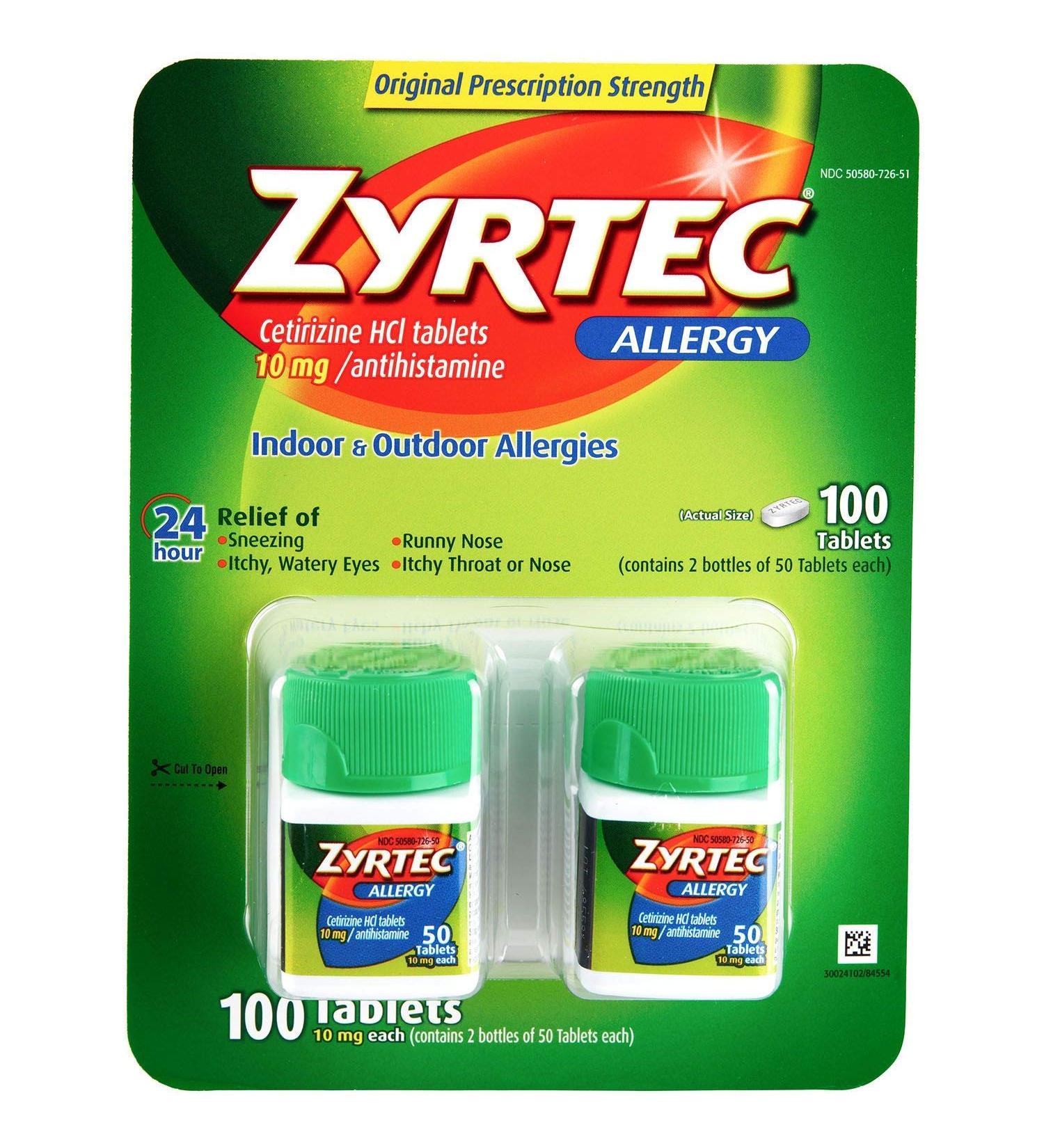 Zyrtec Prescription-Strength Allergy Medicine Tablets, 10 mg, 50 Count, Pack of 2