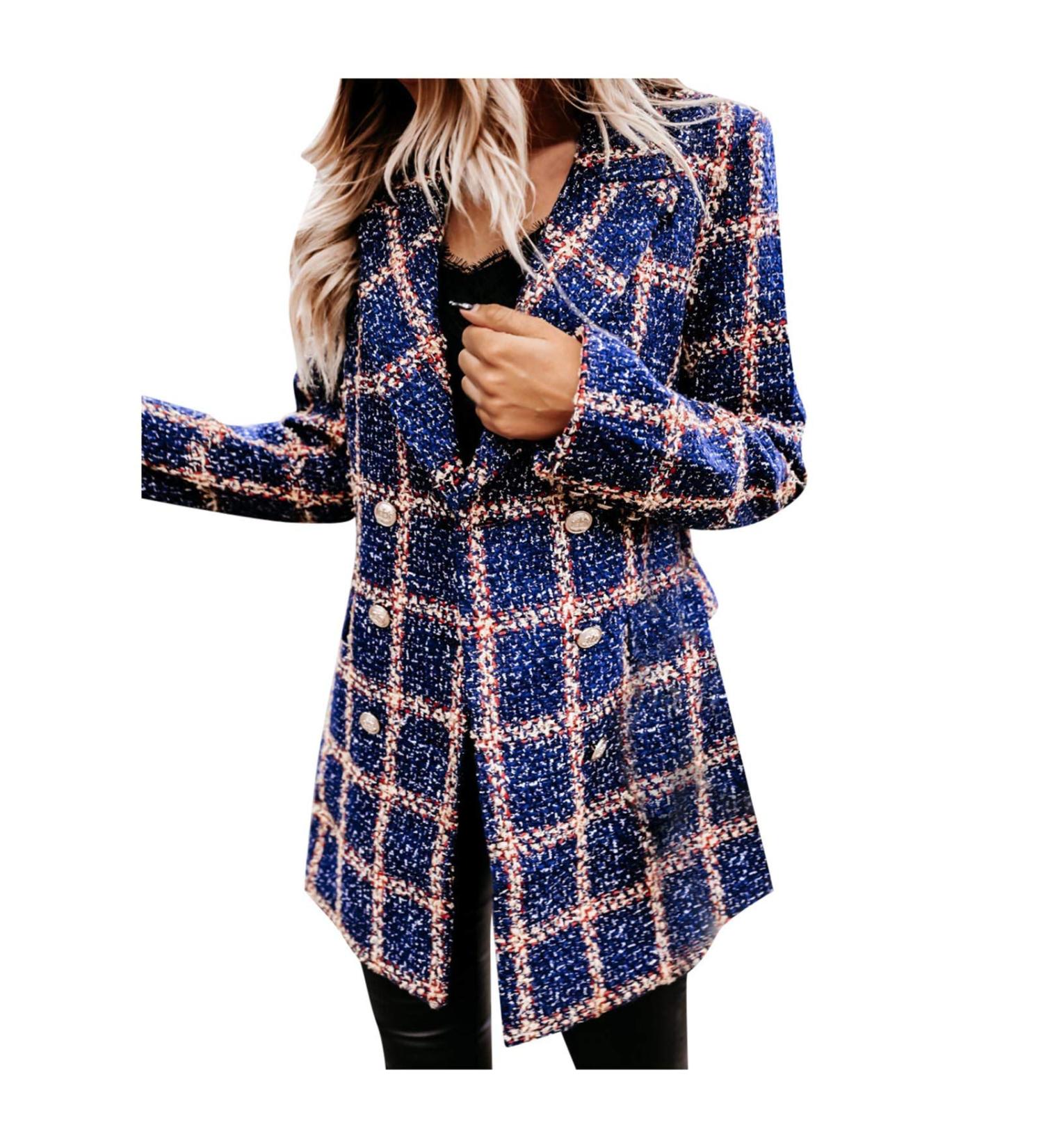 Briskorry Women's Woolen Coat - Elegant Double-Breasted Grid Blazer Long Sleeve Purple XL International Shipping Available - Buy Online on GoSupps.com