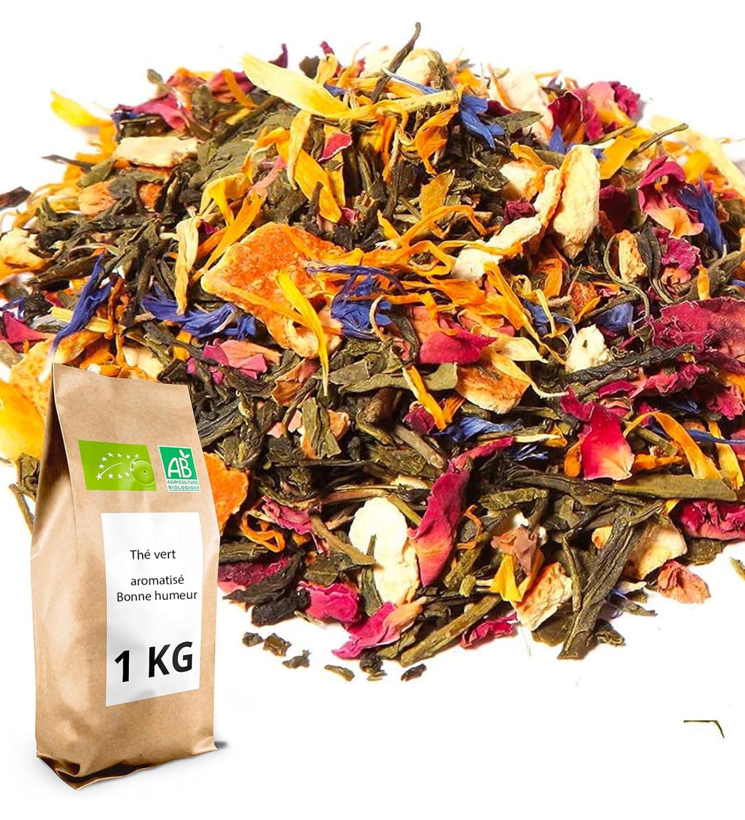Th Vert bio aromatis Bonne humeur - 1 kg (400 tasses) - Th en vrac 100% agriculture biologique - Th s Direct Orange Vanille - Buy Online on GoSupps.com