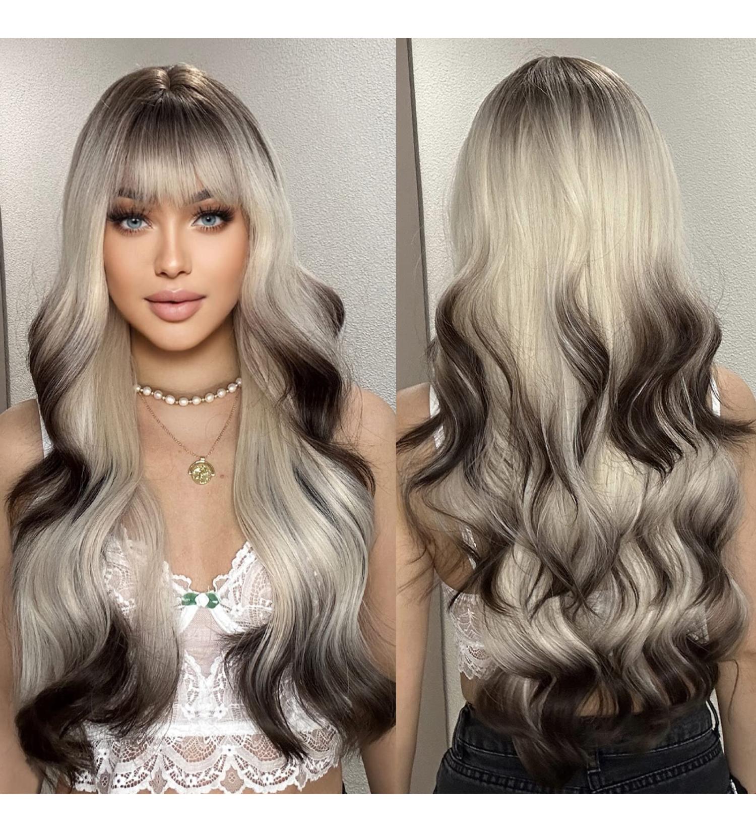 HAIRCUBE Long Curly Blonde to Dark Brown Synthetic Wig with Neat Fringe for Women - Buy Online on GoSupps.com