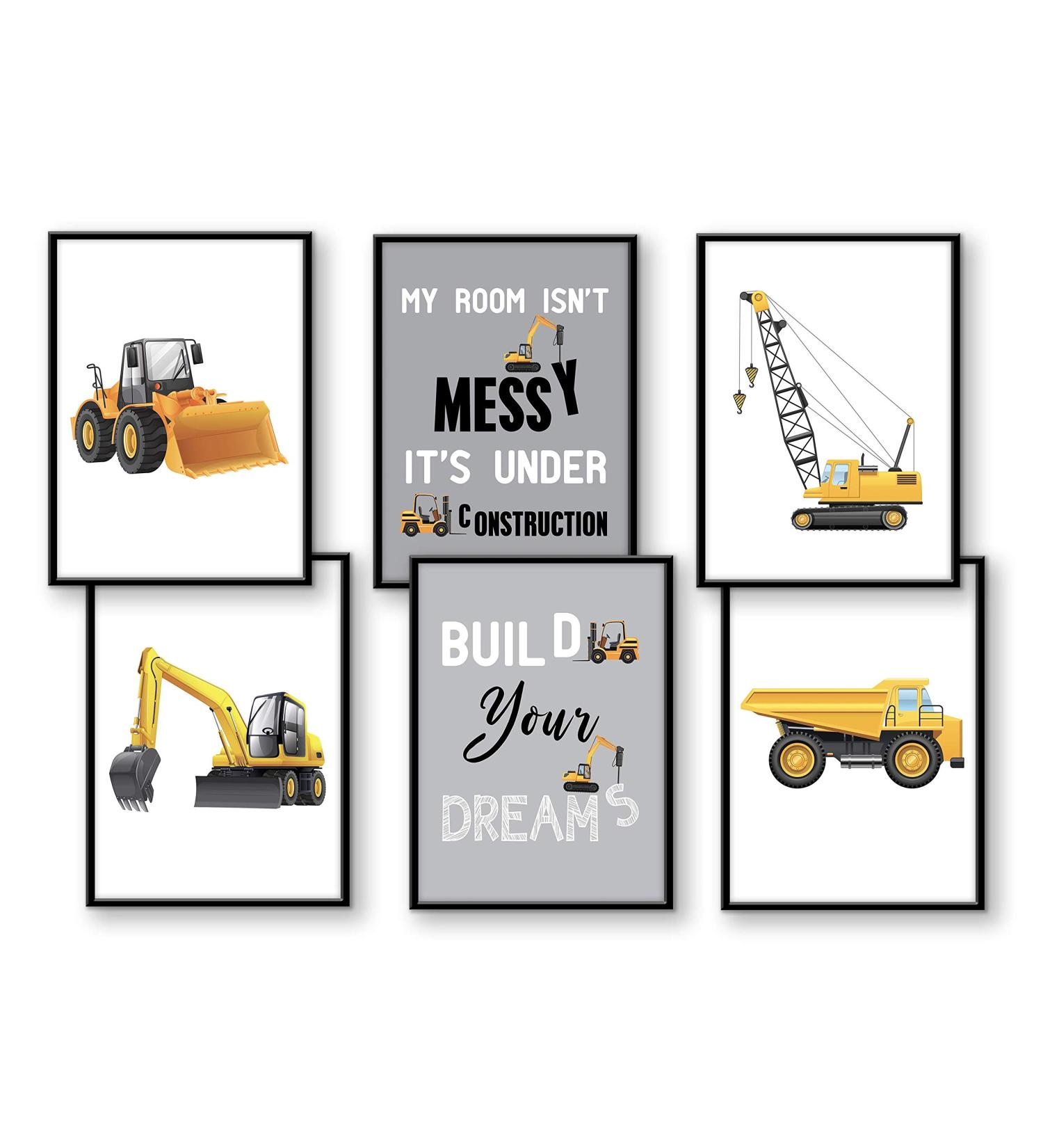 Construction Vehicles Set of 6 Pictures for Children's Room Decor - Excavator, Crane, Forklift, Roller - Baby Boy Room Poster - Vehicle Decoration - DIN A4 Size - No Frame - Buy Online on GoSupps.com