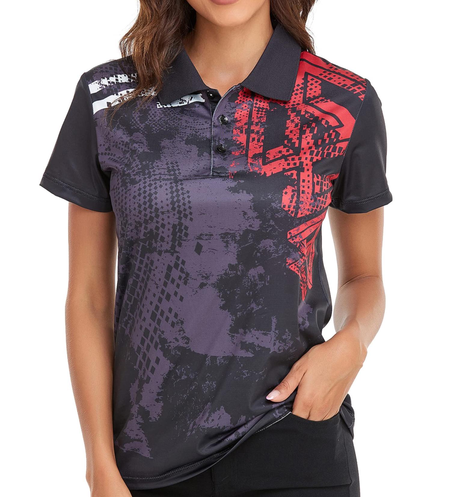 JACKETOWN Women's Printed Polo Wicking Shirt - Short Sleeve Athletic Top in Black - Buy Online on GoSupps.com
