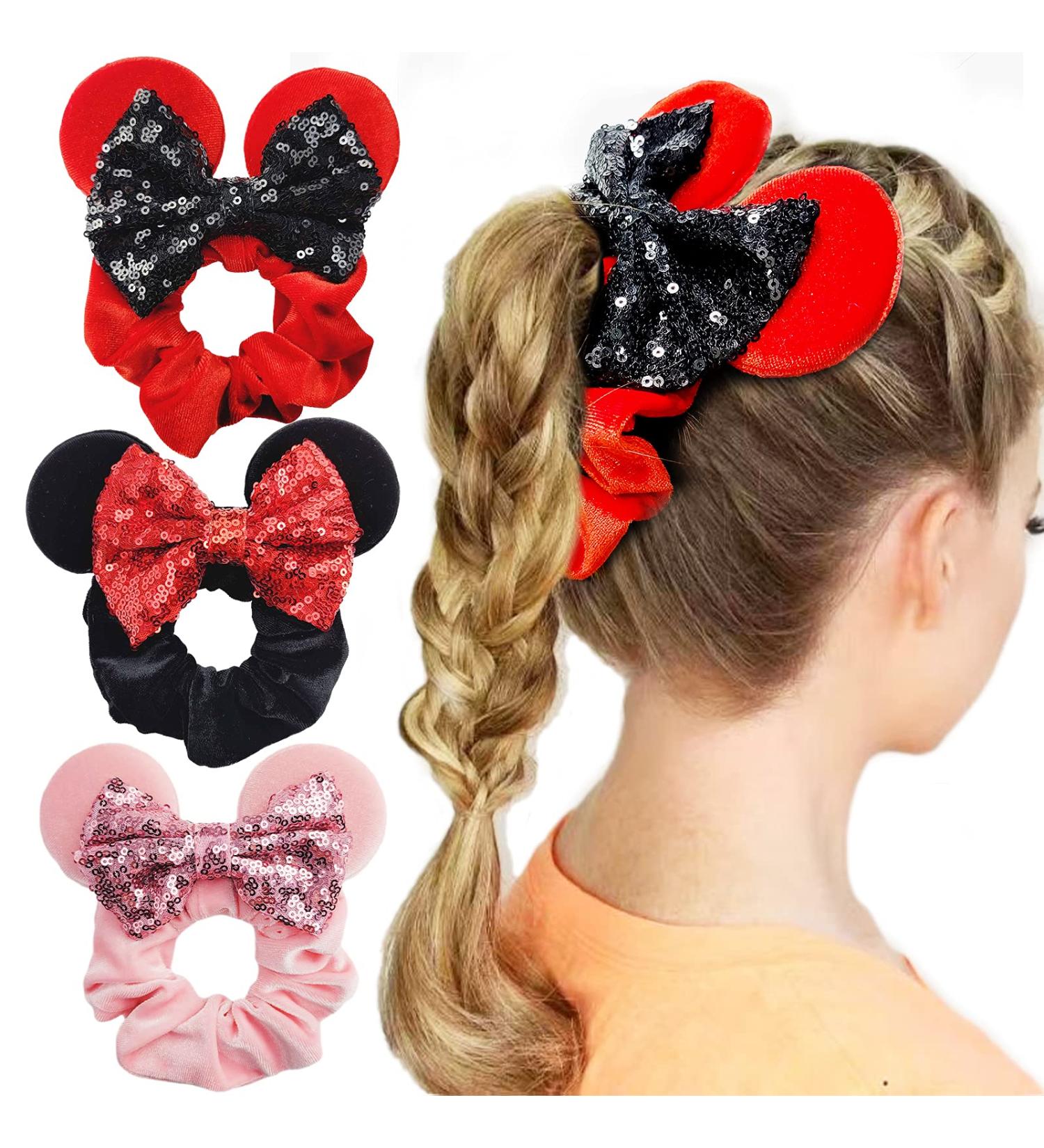 Mouse Ears Sequin Velvet Hair Scrunchies Set - Black, Red, Pink - Buy Online on GoSupps.com
