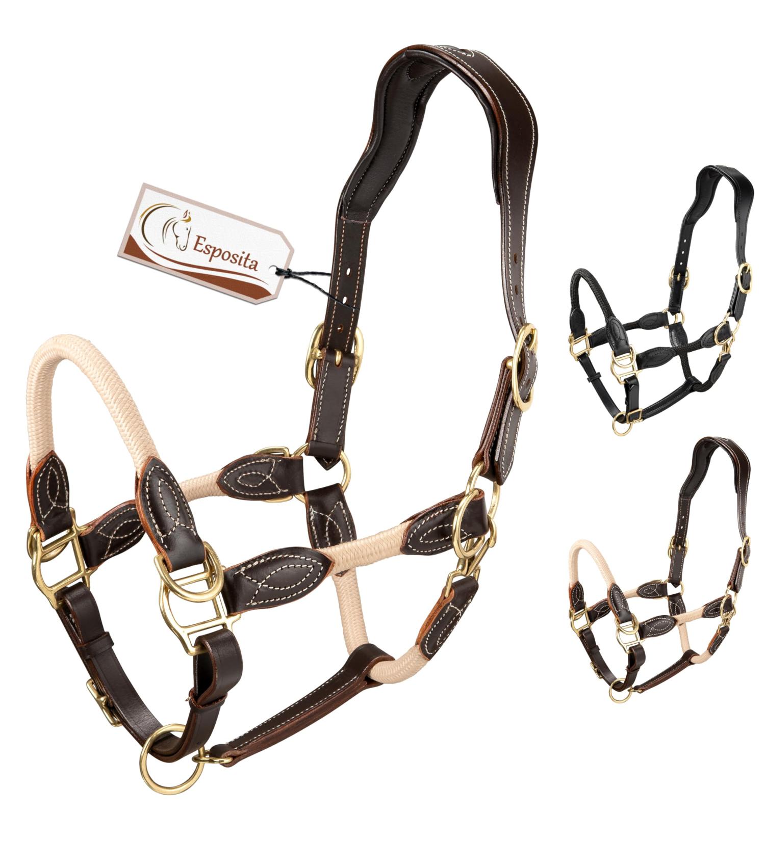 Esposita Seilhafter Ranch Halfter for Horses | Leather & Rope with Brass Fittings | Ideal Bite-Free Halter | Brown Pony Size - Buy Online on GoSupps.com