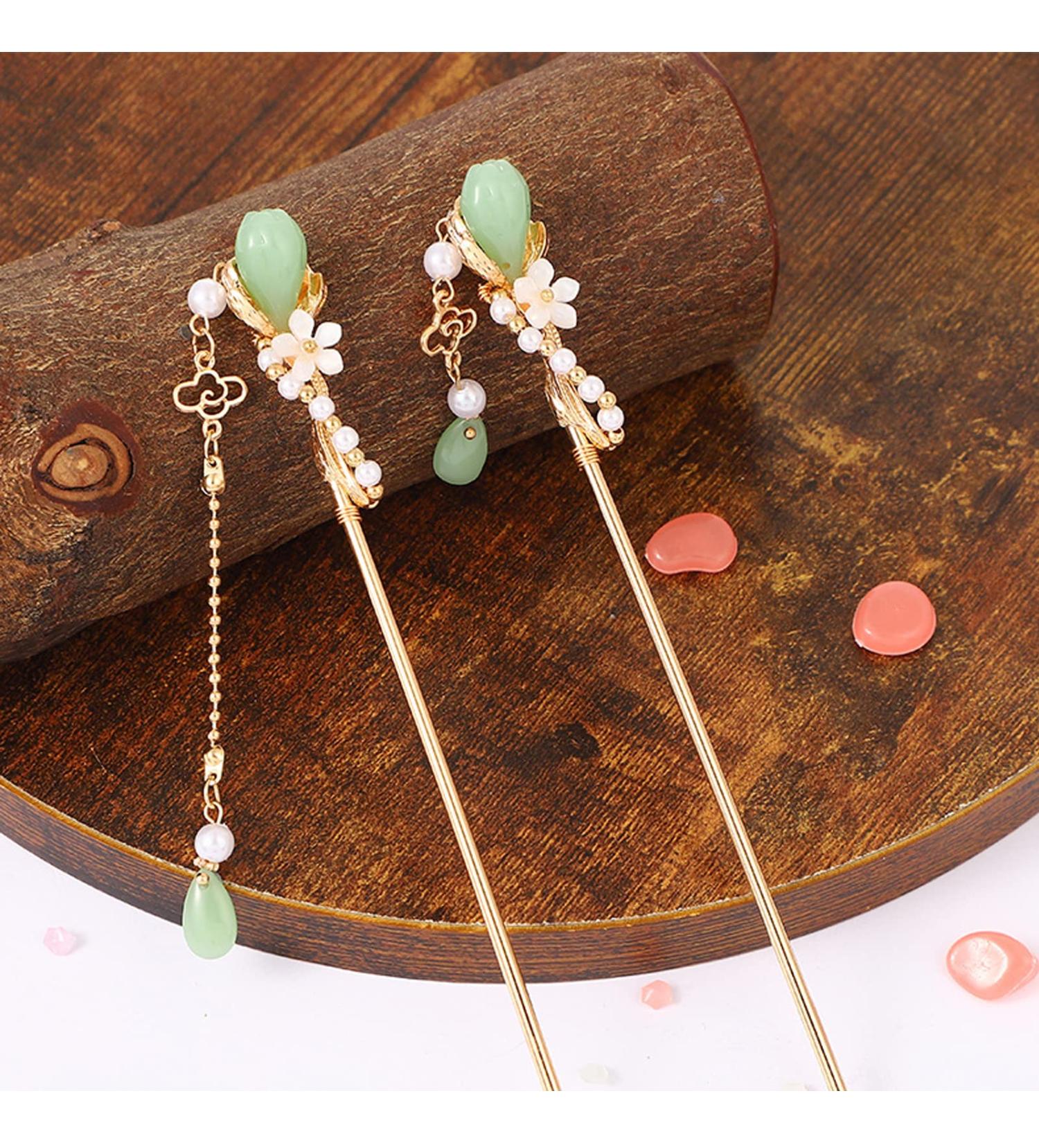 Retro Style Flower Metal Hair Stick Chinese Rhinestone Hair Chopsticks Pearl Tassel Clips - 2PCS - Buy Online on GoSupps.com