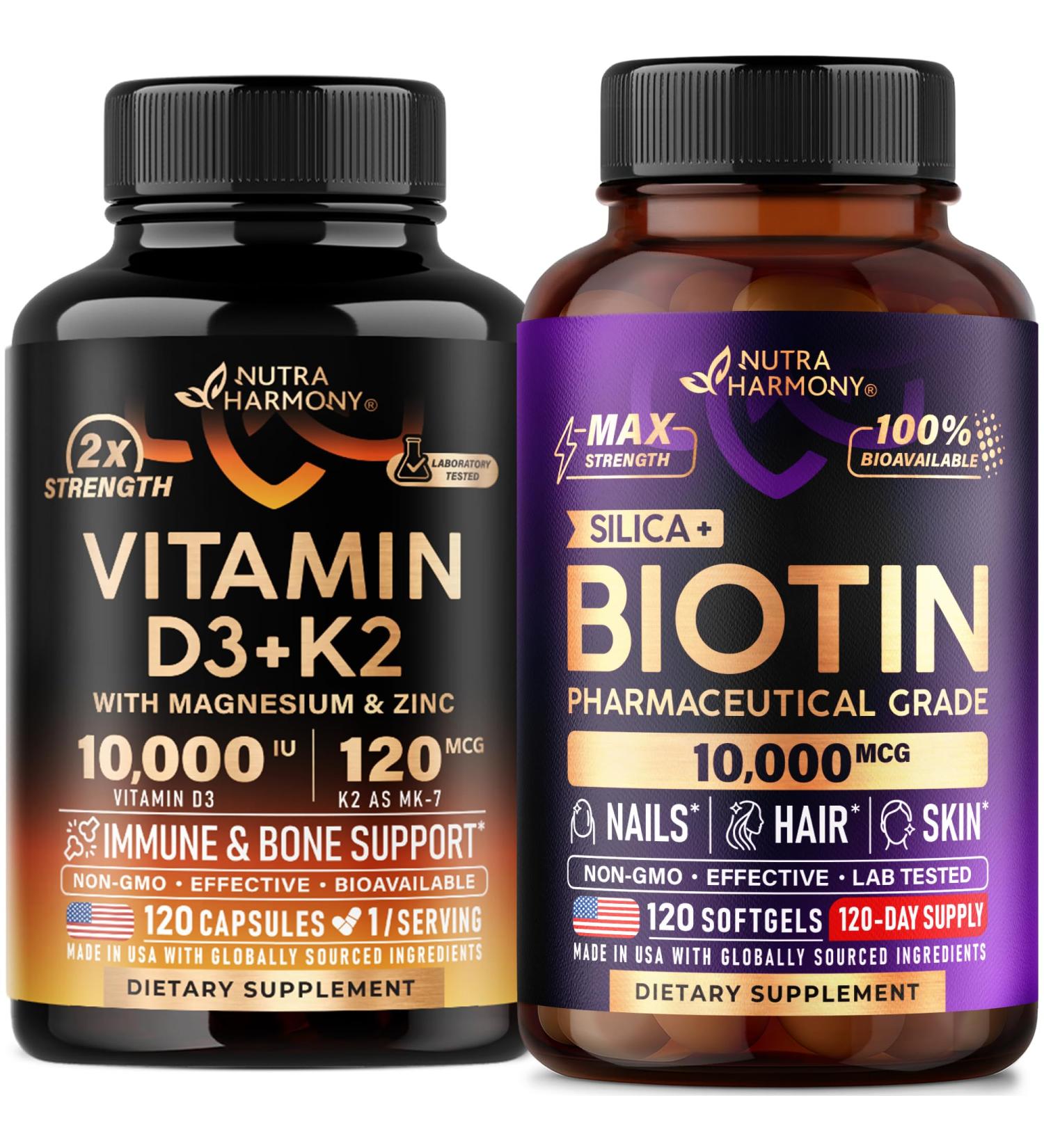NUTRAHARMONY Vitamin D3 K2 Capsules & Biotin with Silicon Softgels