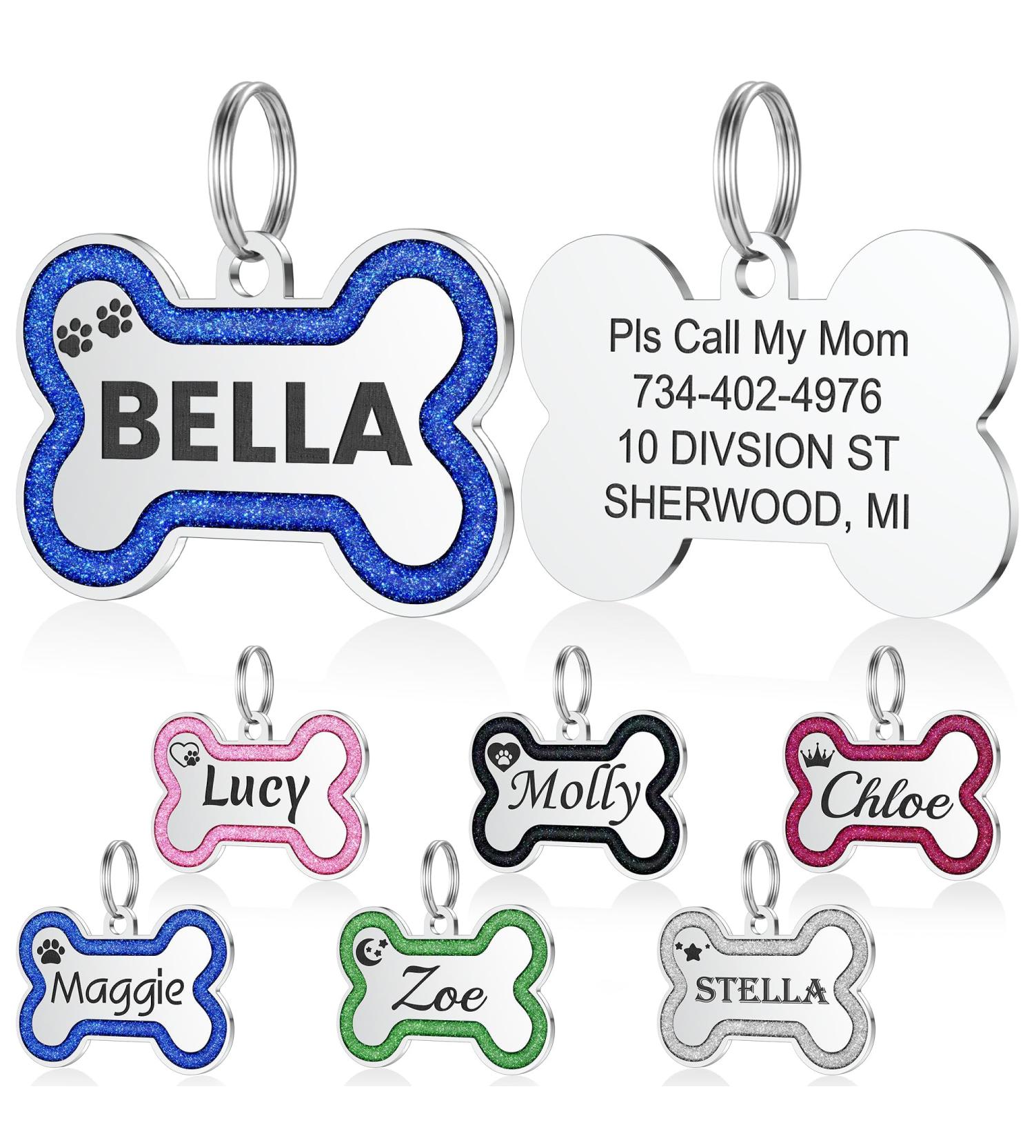 Personalized Dog Tag - Yhananti Engraving for Small to Medium Dogs - Glitter Bones Stainless Steel Custom Name & Contact Info (Blue Small) - Buy Online on GoSupps.com