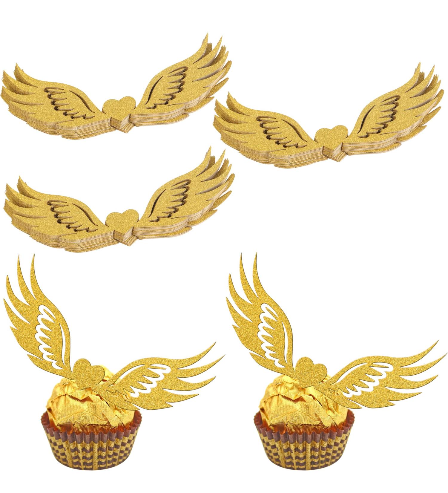Rsstarxi 36 Pack Golden Wings Chocolate Decoration Wizard Party Chocolate Decoration Hollowed Wings Wafer Cupcake Toppers for Baby Shower Birthday Paty Cake Decorations Design 1