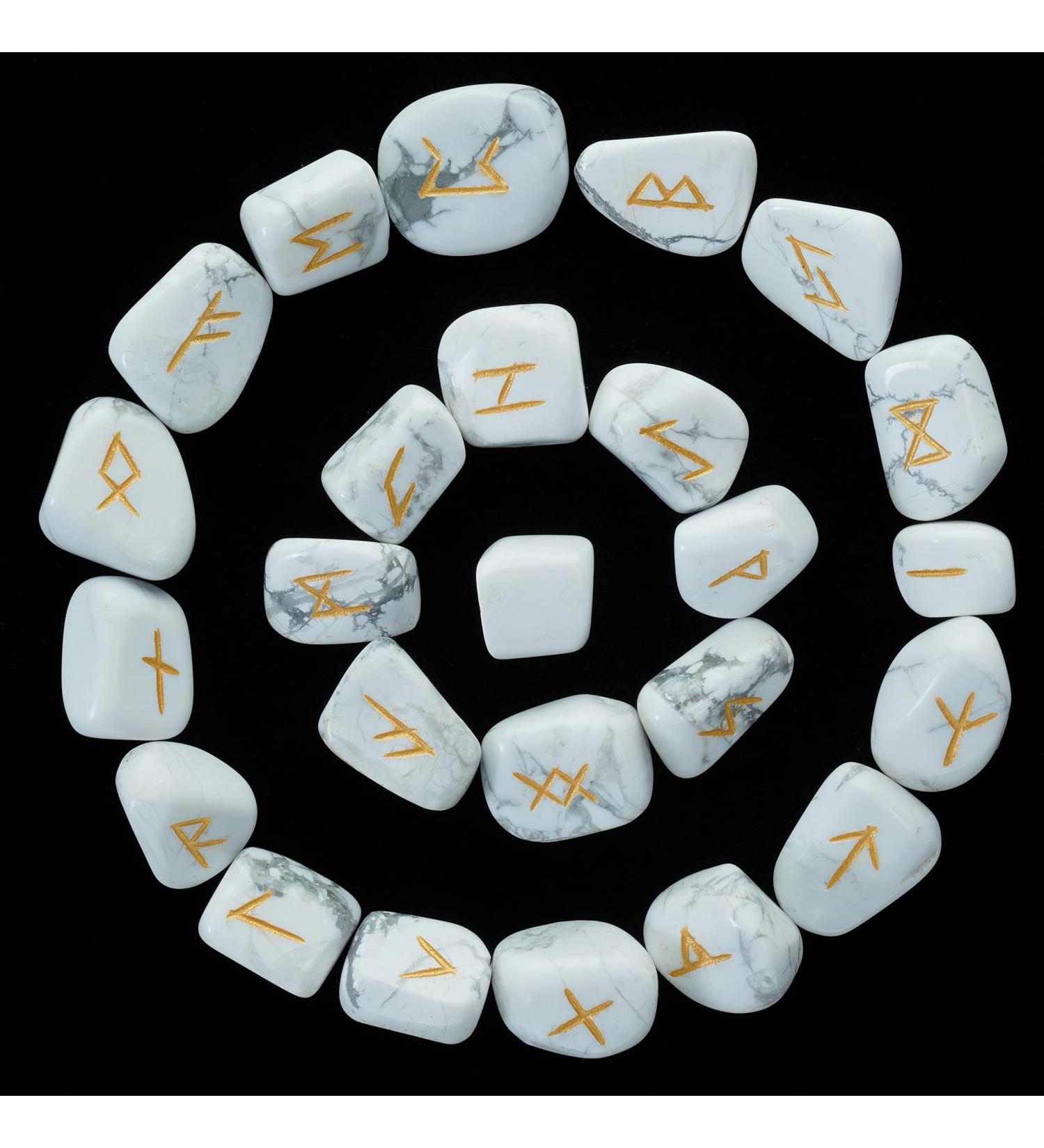 Crocon Howlite Rune Stones Set - Engraved Elder Futhark Crystal Runes for Reiki Healing and Meditation | Chakra Balancing Stones for Beginners - Includes Crystal Guide & Pouch | 15-20mm - Buy Online on GoSupps.com